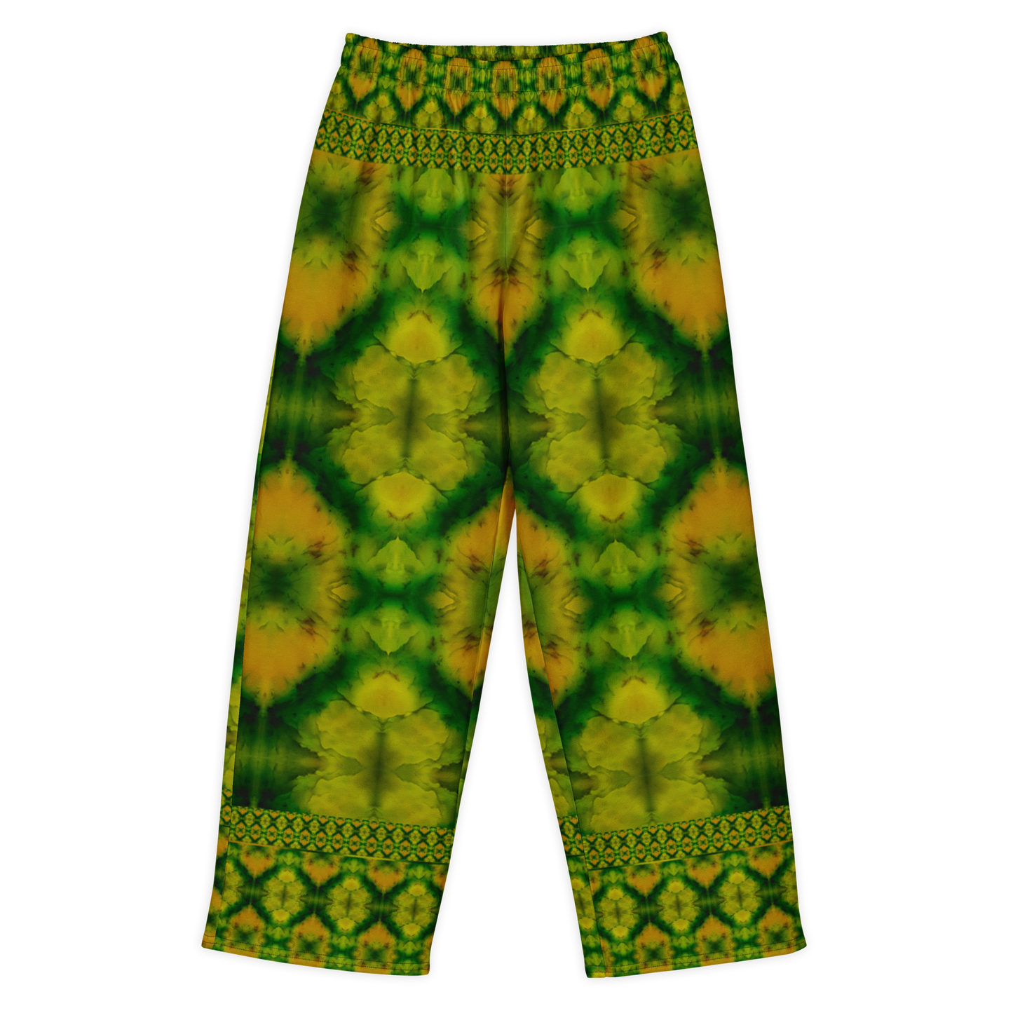 Front view of Purely Jade Light cotton wide leg trousers with elastic waistband and green-and-gold jade print with large rounded medallions and patterned bands by River Jade Smithy.