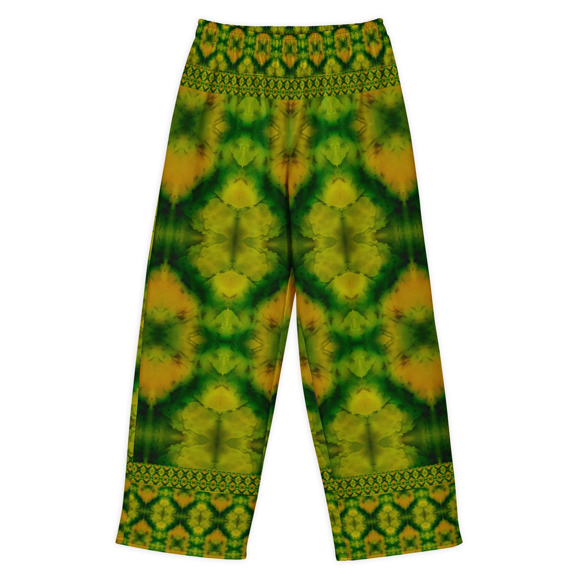 Front view of Purely Jade Light cotton wide leg trousers with elastic waistband and green-and-gold jade print with large rounded medallions and patterned bands by River Jade Smithy.