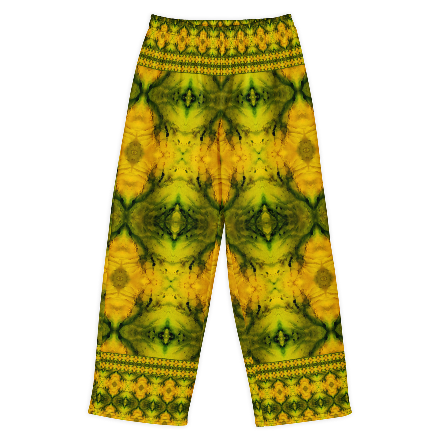 Front view of Purely Jade Light cotton wide leg trousers with elastic waistband and gold-and-green jade print with large faceted medallions and border bands by River Jade Smithy.
