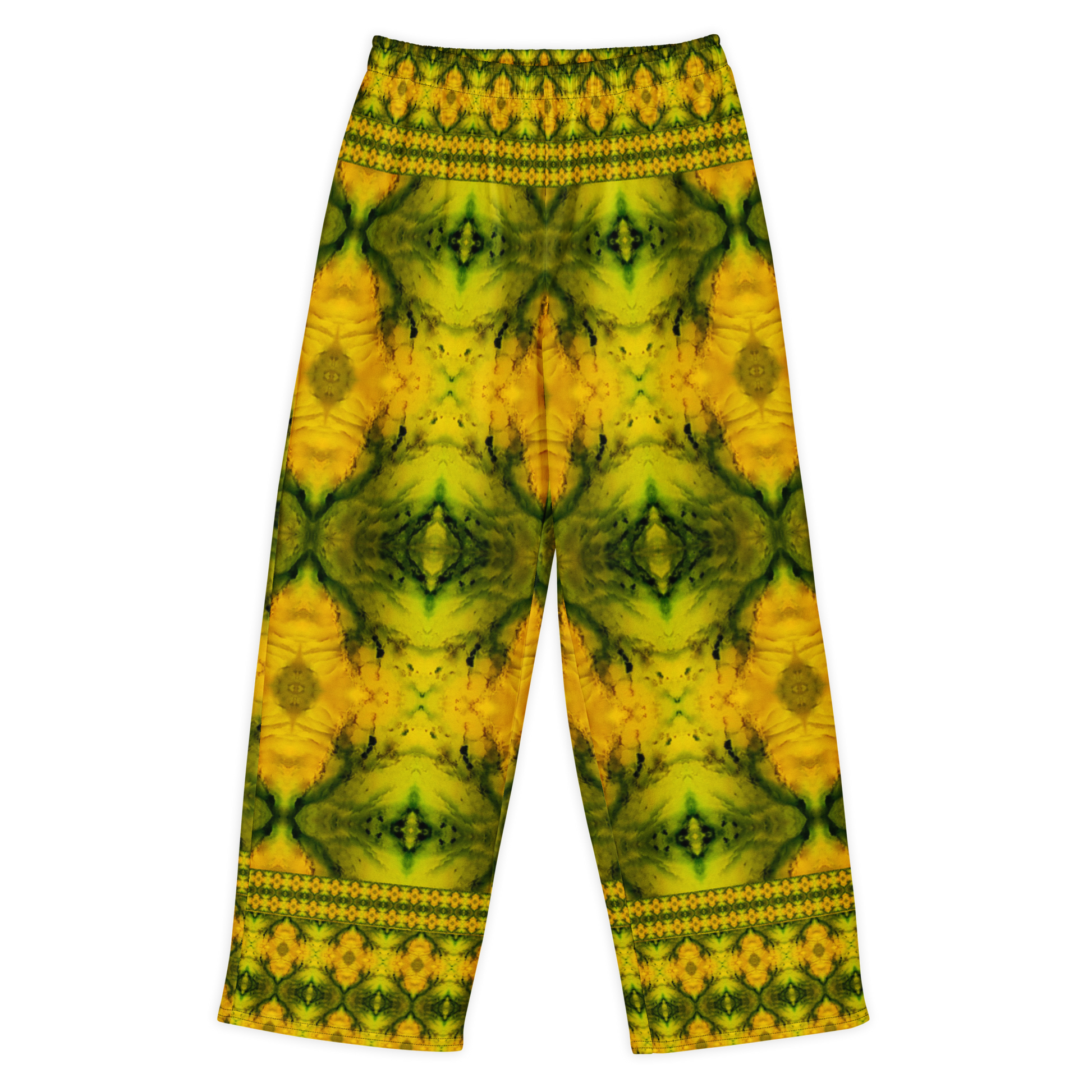 Front view of Purely Jade Light cotton wide leg trousers with elastic waistband and gold-and-green jade print with large faceted medallions and border bands by River Jade Smithy.