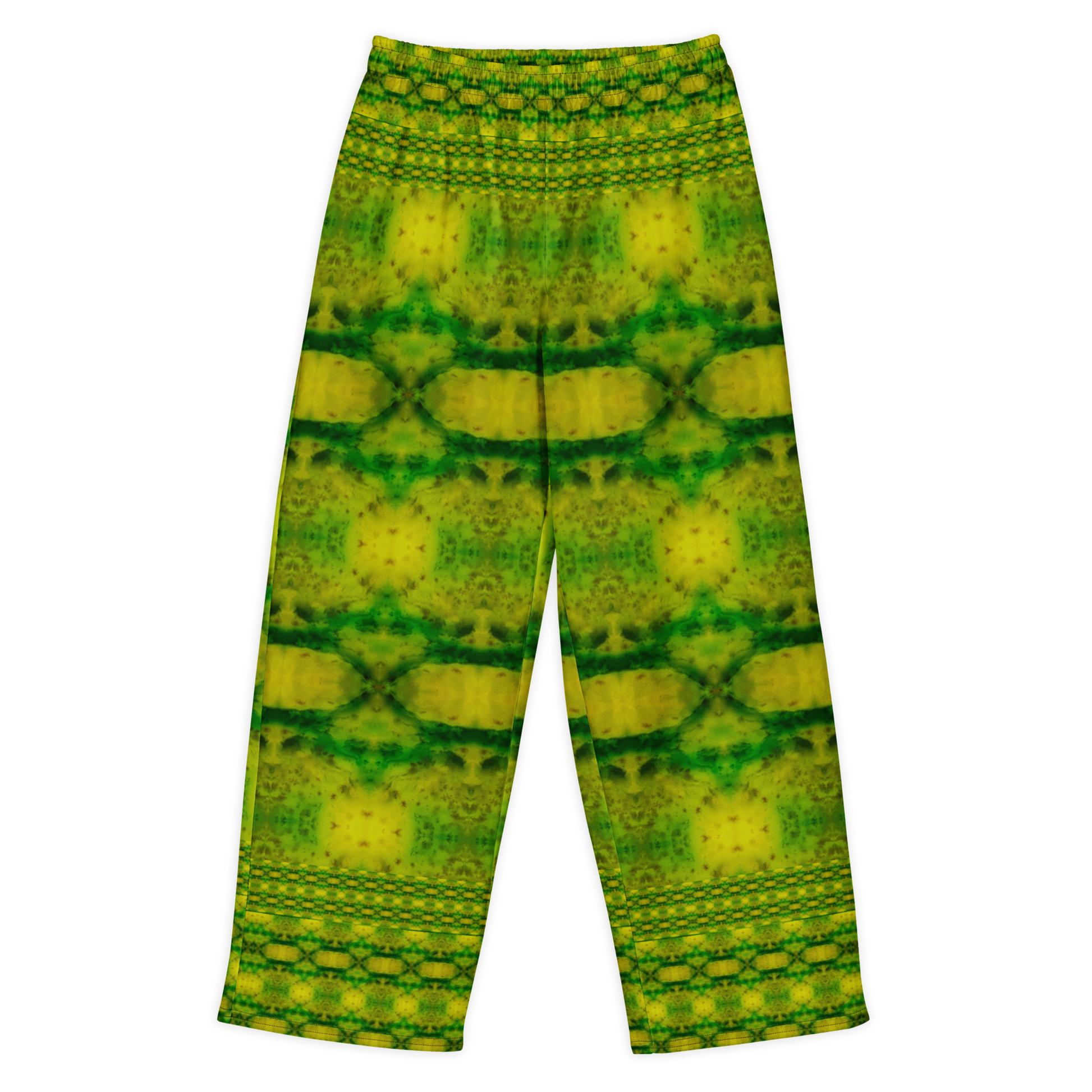 Front view of Purely Jade Light cotton wide leg trousers with elastic waistband and green-and-gold mirrored jade print with soft horizontal chamber bands by River Jade Smithy.
