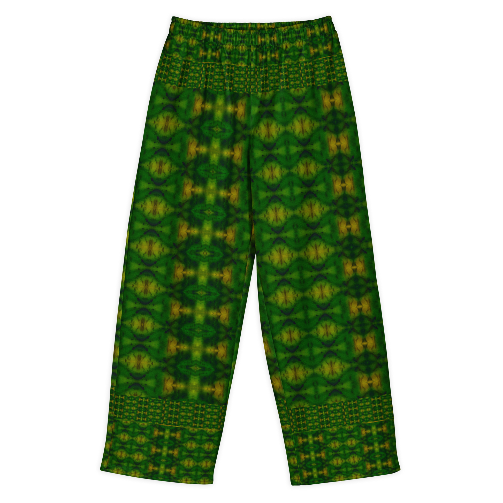 Front view of Purely Jade Light cotton wide leg trousers with elastic waistband and dark jade-green print with gold medallions and patterned border bands by River Jade Smithy.