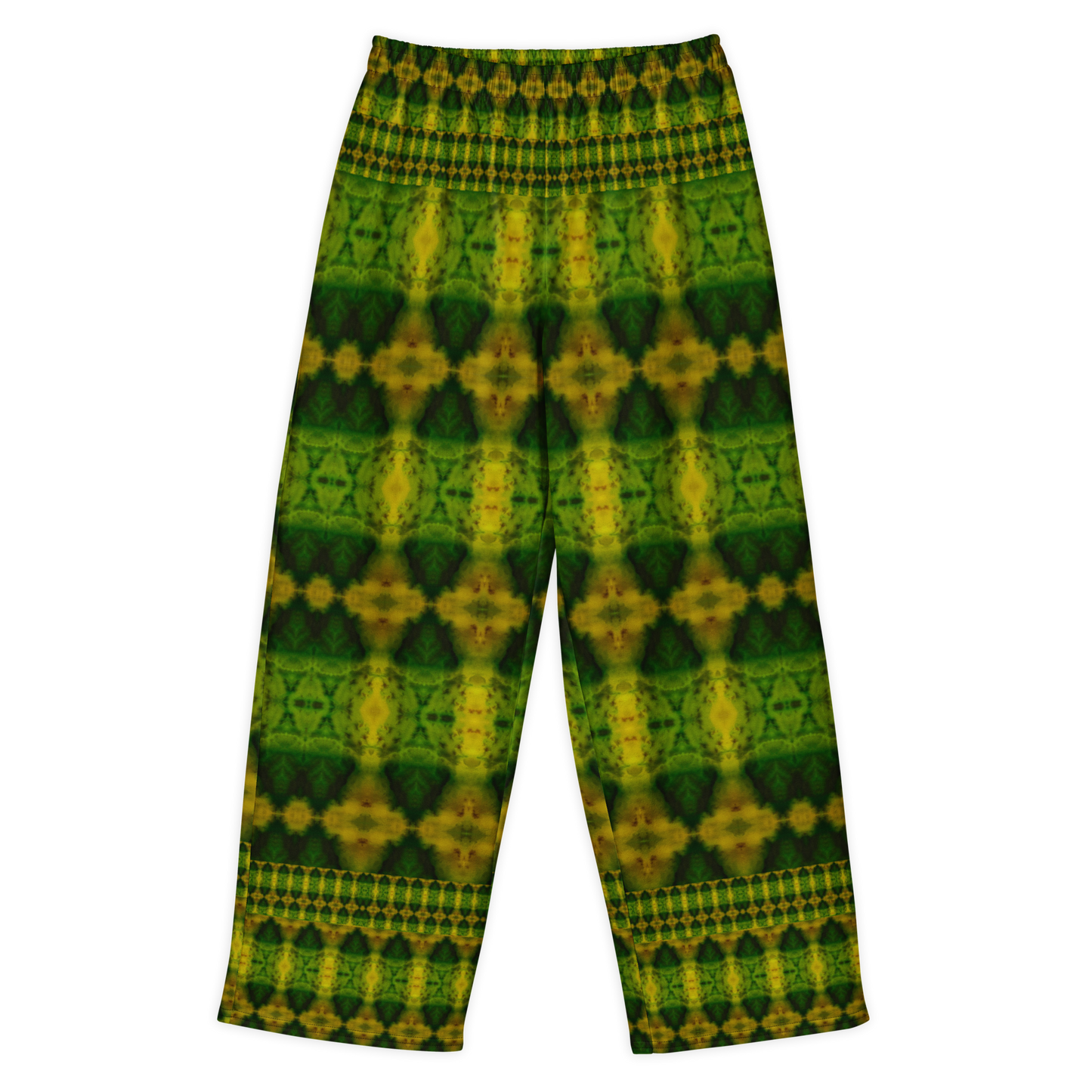 Front view of Purely Jade Light cotton wide leg trousers with elastic waistband and green-and-gold repeat print with small chambered medallions by River Jade Smithy.
