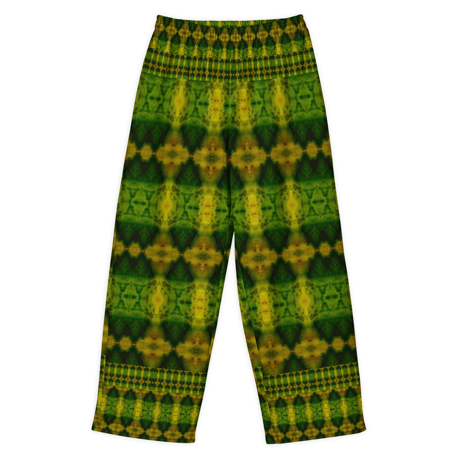 Front view of Purely Jade Light cotton wide leg trousers with elastic waistband and green-and-gold repeat print with small chambered medallions by River Jade Smithy.