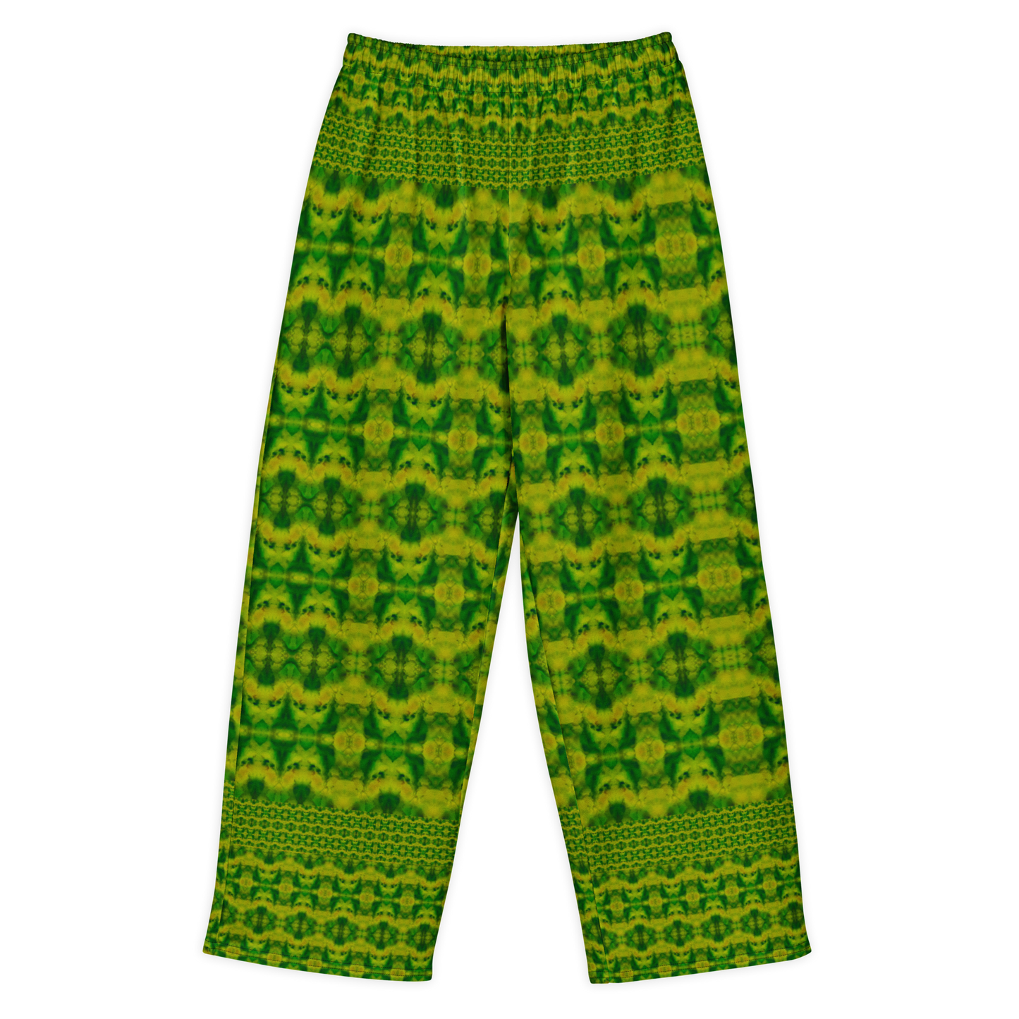 Front view of Purely Jade Light cotton wide leg trousers with elastic waistband and deep green jade print with broad translucent mineral panels by River Jade Smithy.