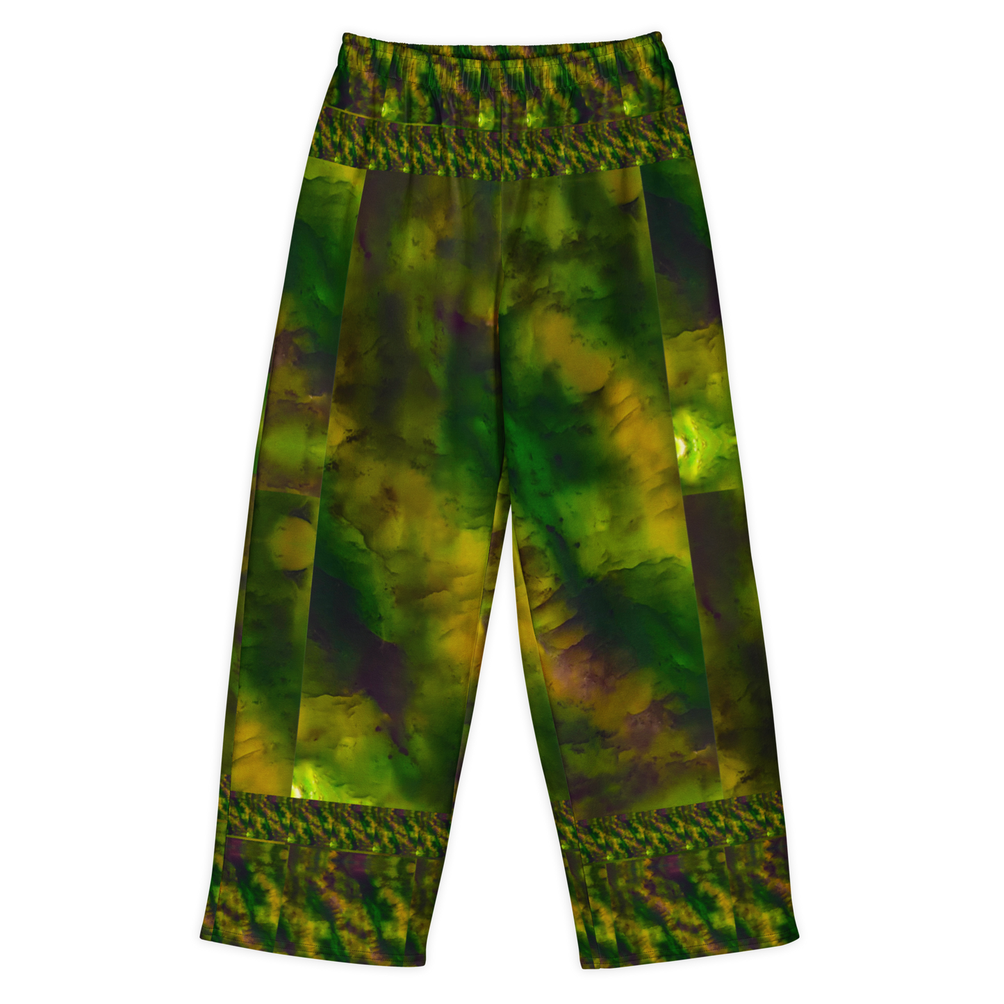 Front view of Purely Jade Light cotton wide leg trousers with elastic waistband and soft green-and-gold jade print with large central medallion shapes by River Jade Smithy.
