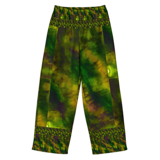 Front view of Purely Jade Light cotton wide leg trousers with elastic waistband and soft green-and-gold jade print with large central medallion shapes by River Jade Smithy.
