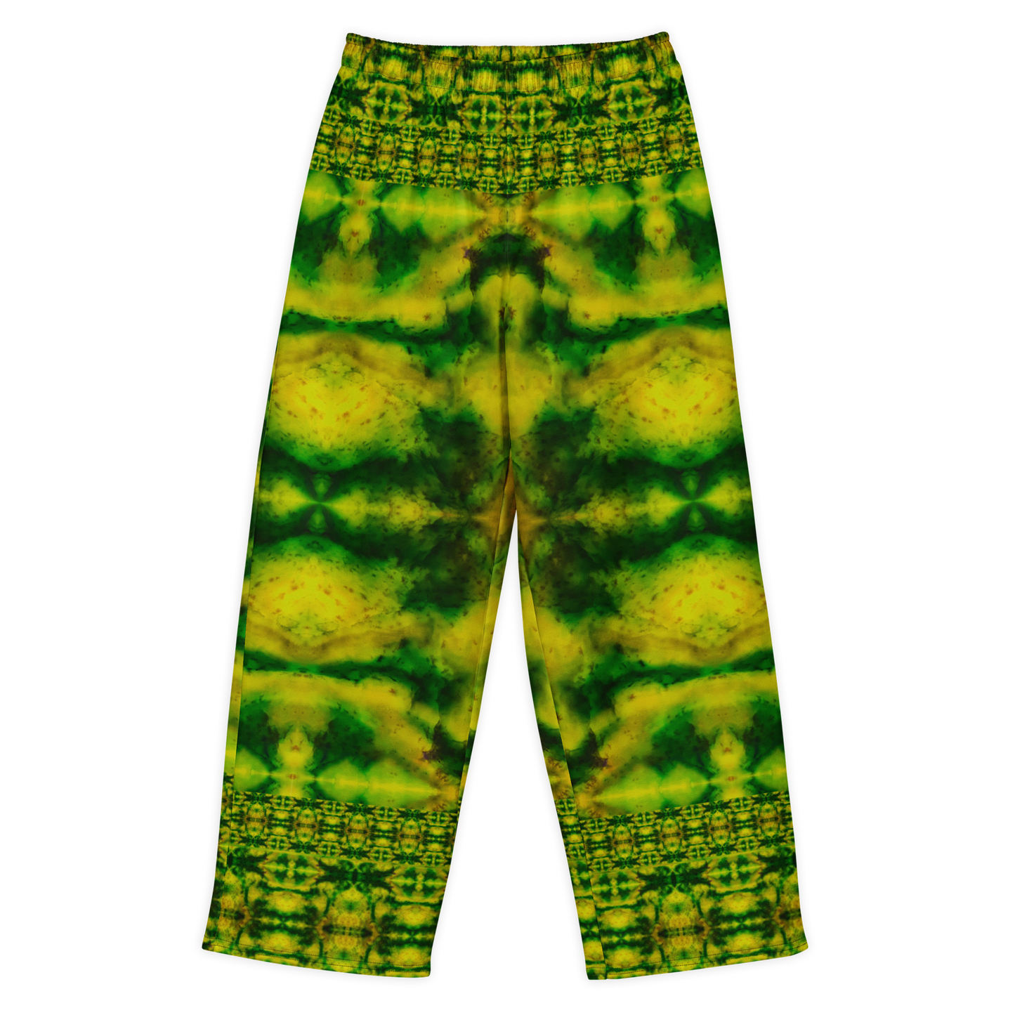 Front view of Purely Jade Light cotton wide leg trousers with elastic waistband and green-and-gold jade field with large blurred horizontal chamber forms by River Jade Smithy.