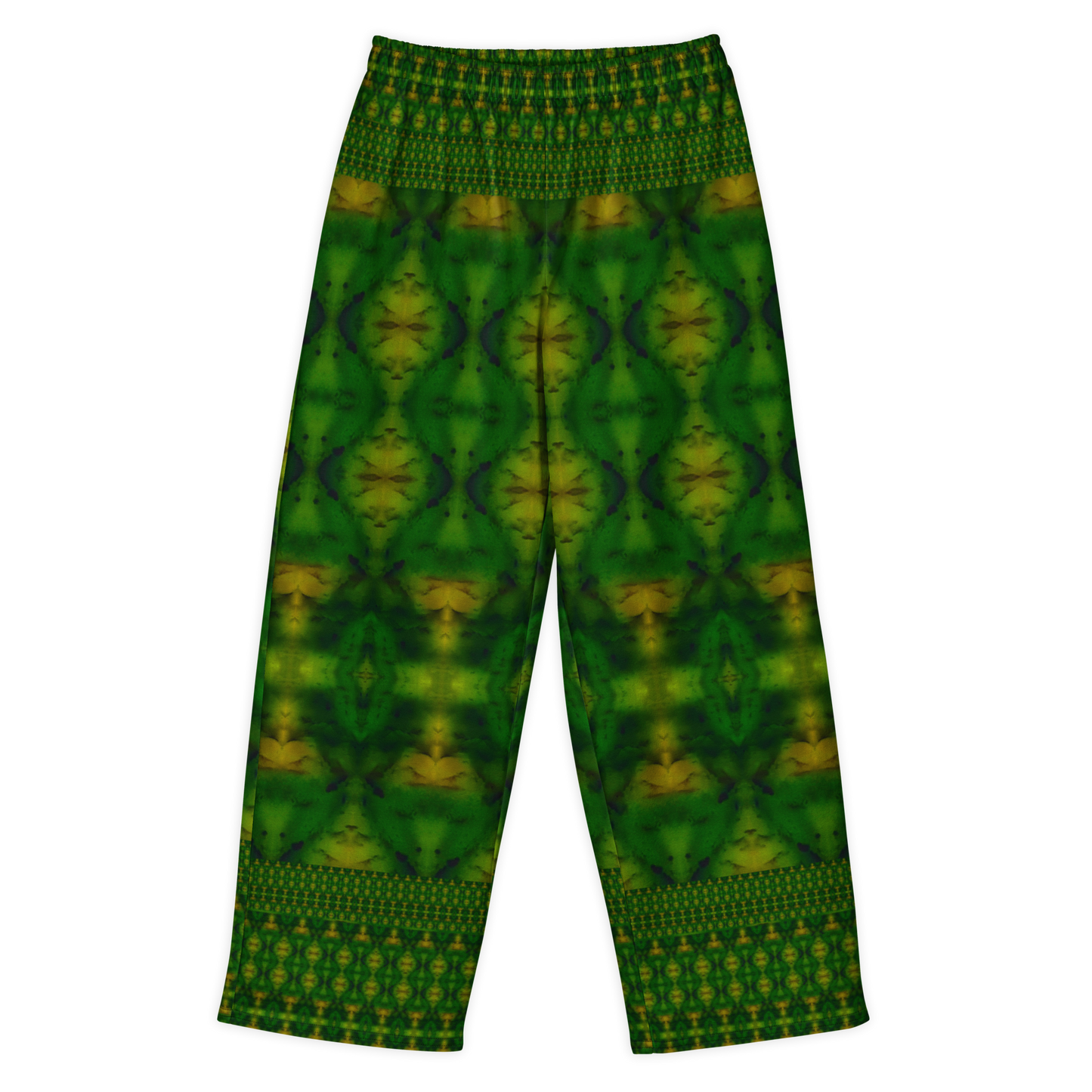 Front view of Purely Jade Light cotton wide leg trousers with elastic waistband and deep green jade print with gold medallions and lower patterned band by River Jade Smithy.