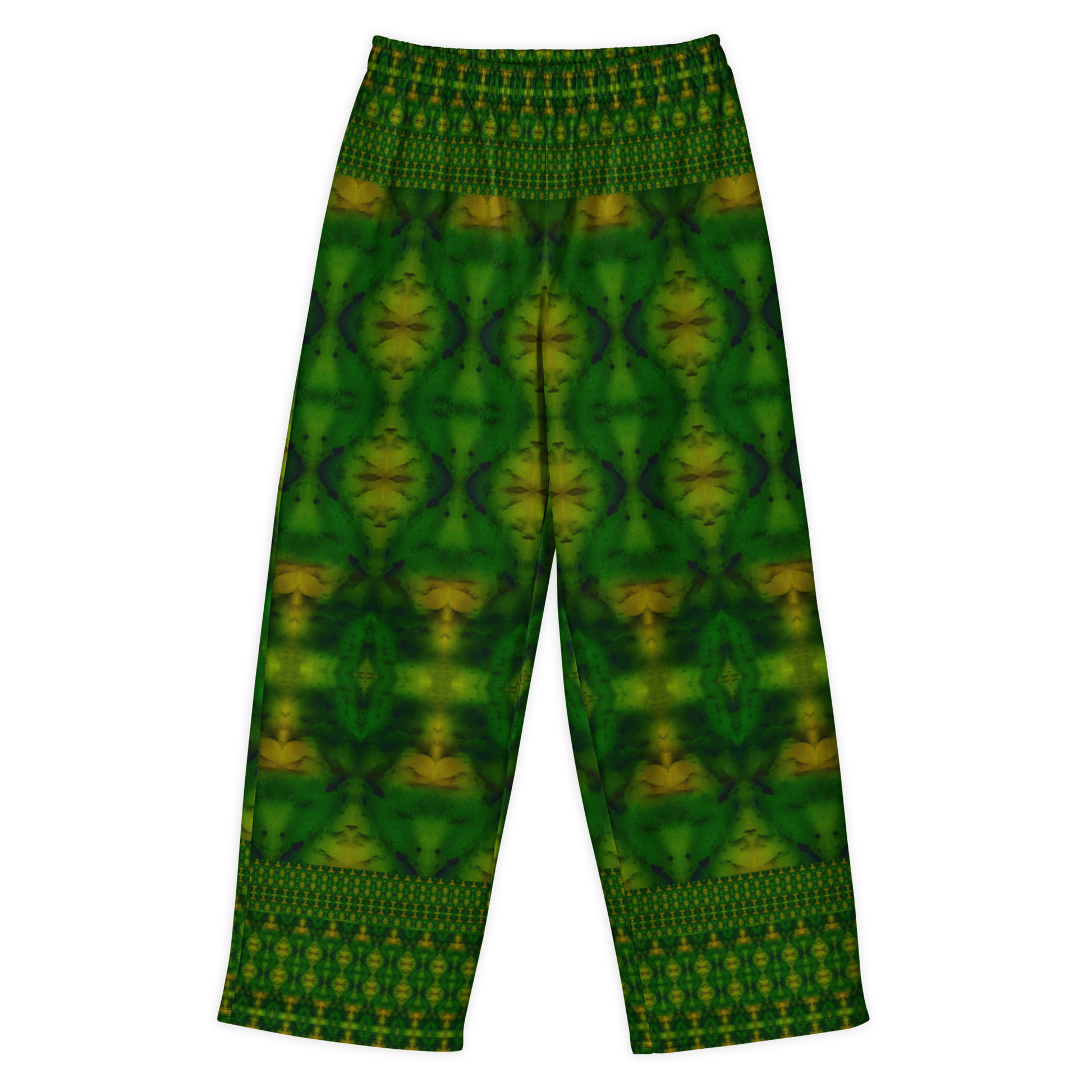 Front view of Purely Jade Light cotton wide leg trousers with elastic waistband and deep green jade print with gold medallions and lower patterned band by River Jade Smithy.