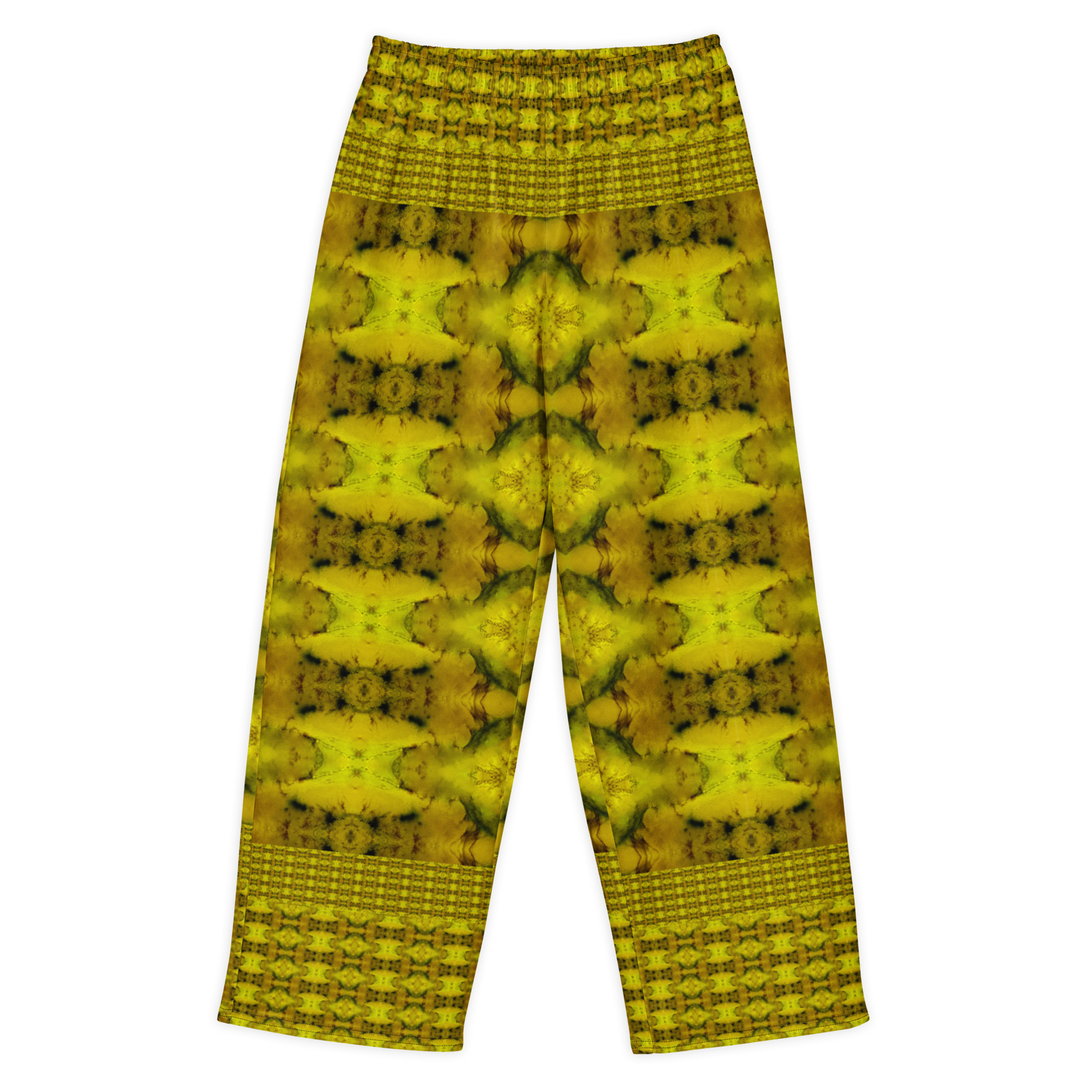 Front view of Purely Jade Light cotton wide leg trousers with elastic waistband and gold-dominant jade print with mirrored floral-like medallions by River Jade Smithy.