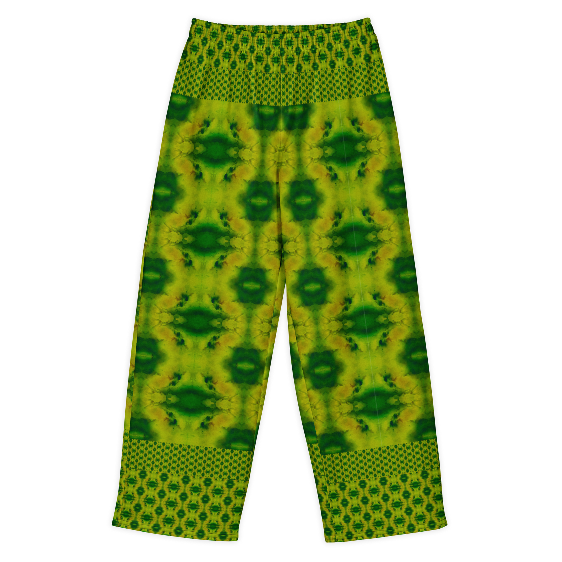 Front view of Purely Jade Light cotton wide leg trousers with elastic waistband and green jade print with large dark chambered medallions and border bands by River Jade Smithy.