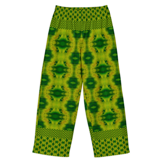Front view of Purely Jade Light cotton wide leg trousers with elastic waistband and green jade print with large dark chambered medallions and border bands by River Jade Smithy.