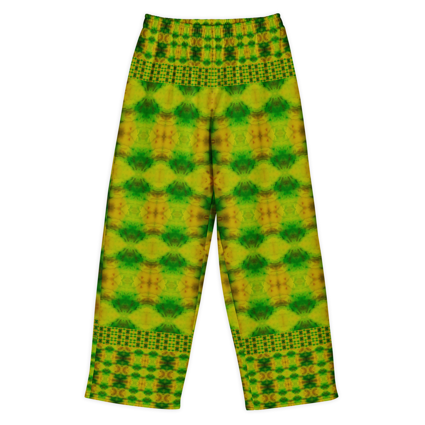 Front view of Purely Jade Light cotton wide leg trousers with elastic waistband and yellow-green jade print with pale medallion shapes and checkered bands by River Jade Smithy.