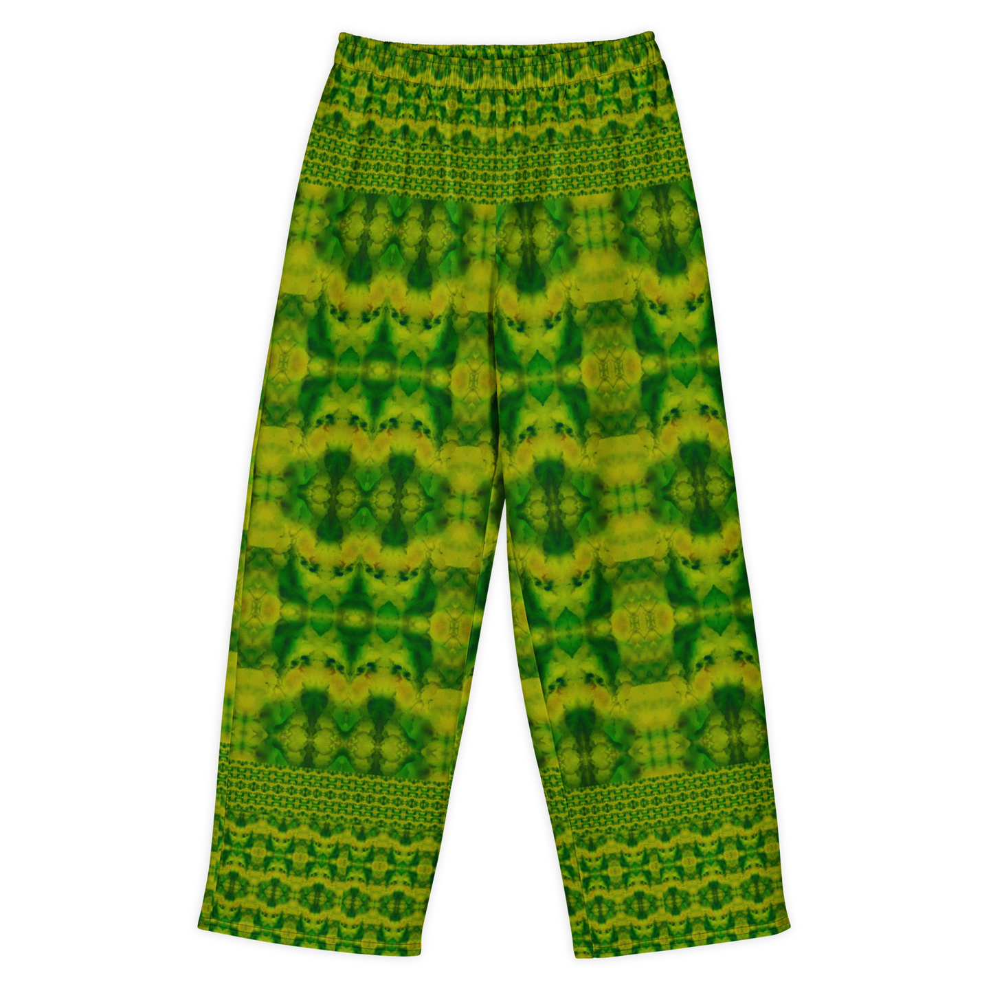 Front view of Purely Jade Light cotton wide leg trousers with elastic waistband and soft green jade field with patterned upper and lower bands by River Jade Smithy.