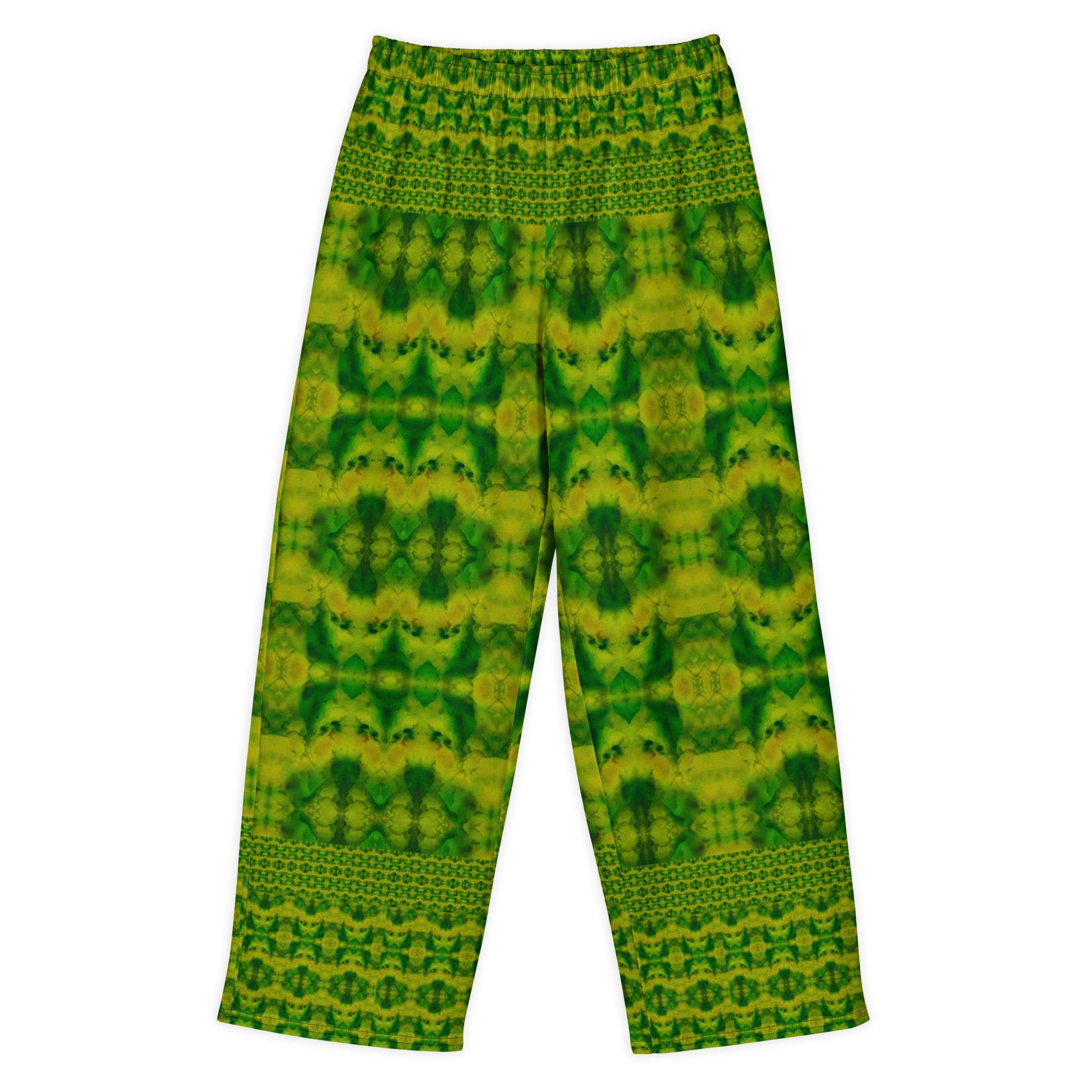 Front view of Purely Jade Light cotton wide leg trousers with elastic waistband and soft green jade field with patterned upper and lower bands by River Jade Smithy.