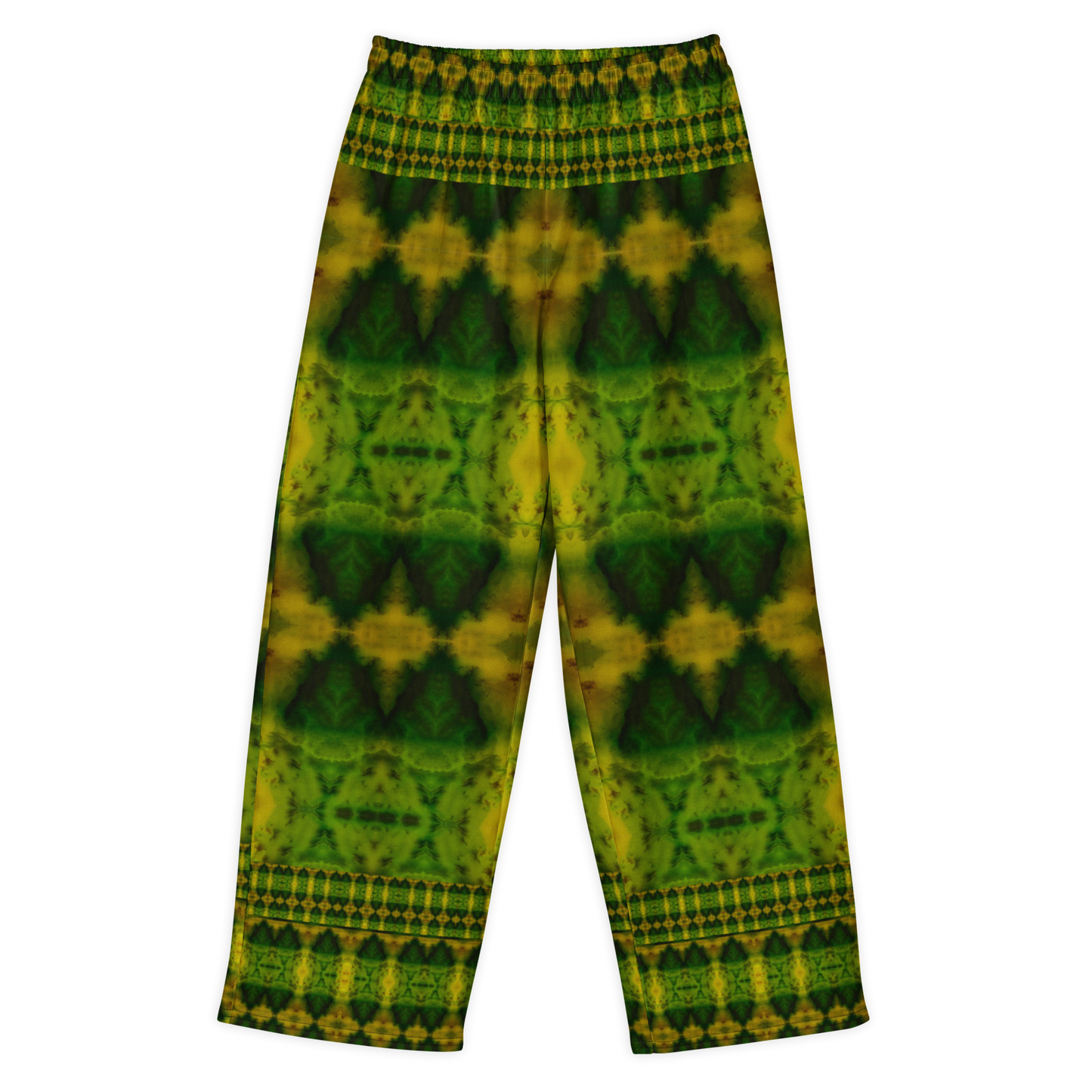 Front view of Purely Jade Light cotton wide leg trousers with elastic waistband and large green-and-gold chambered jade pattern with border bands by River Jade Smithy.