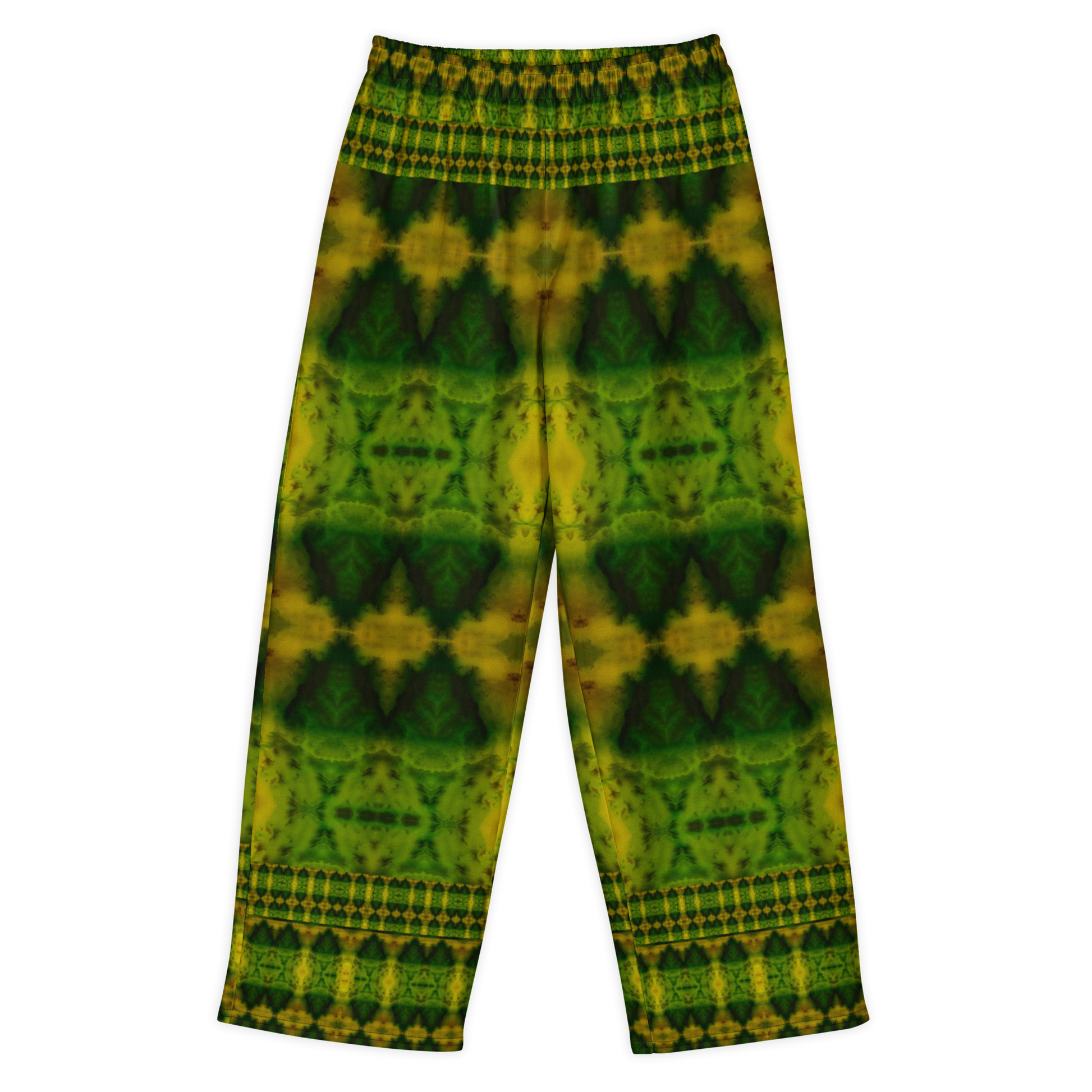 Front view of Purely Jade Light cotton wide leg trousers with elastic waistband and large green-and-gold chambered jade pattern with border bands by River Jade Smithy.