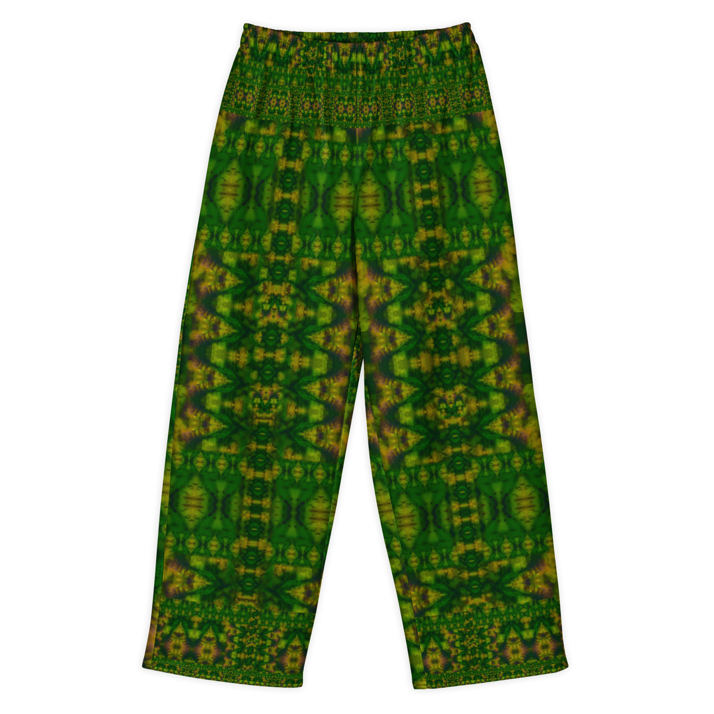 Front view of Purely Jade Light cotton wide leg trousers with elastic waistband and deep green jade print with dense lattice and plum-shadow hints by River Jade Smithy.