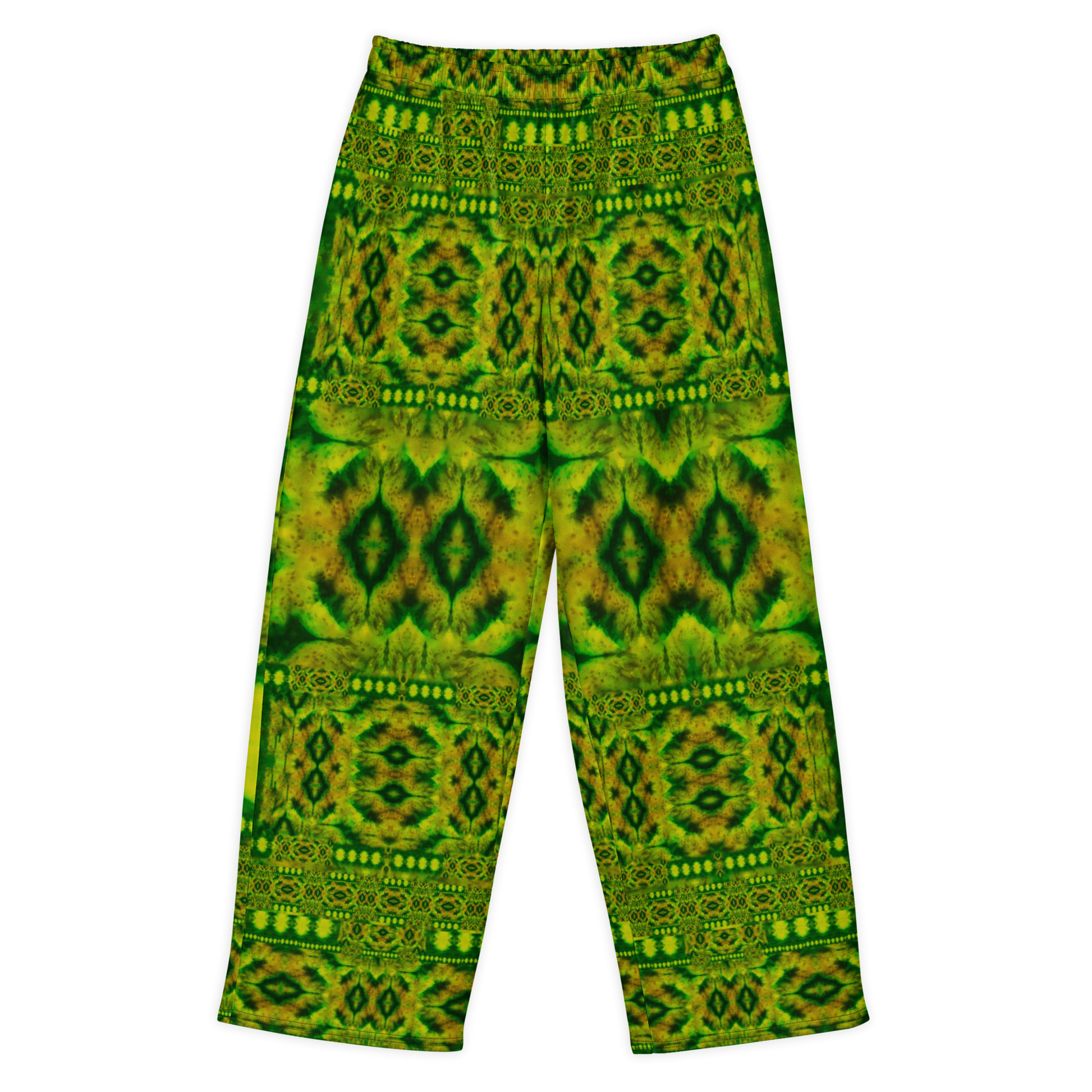 Front view of Purely Jade Light cotton wide leg trousers with elastic waistband and deep green-and-gold jade print with framed diamond panels by River Jade Smithy.