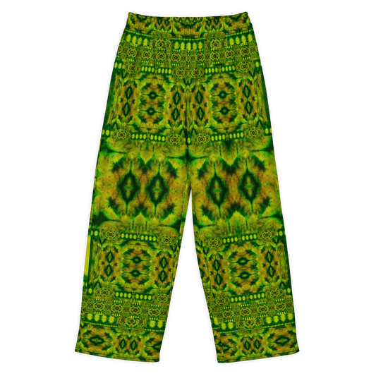 Front view of Purely Jade Light cotton wide leg trousers with elastic waistband and deep green-and-gold jade print with framed diamond panels by River Jade Smithy.