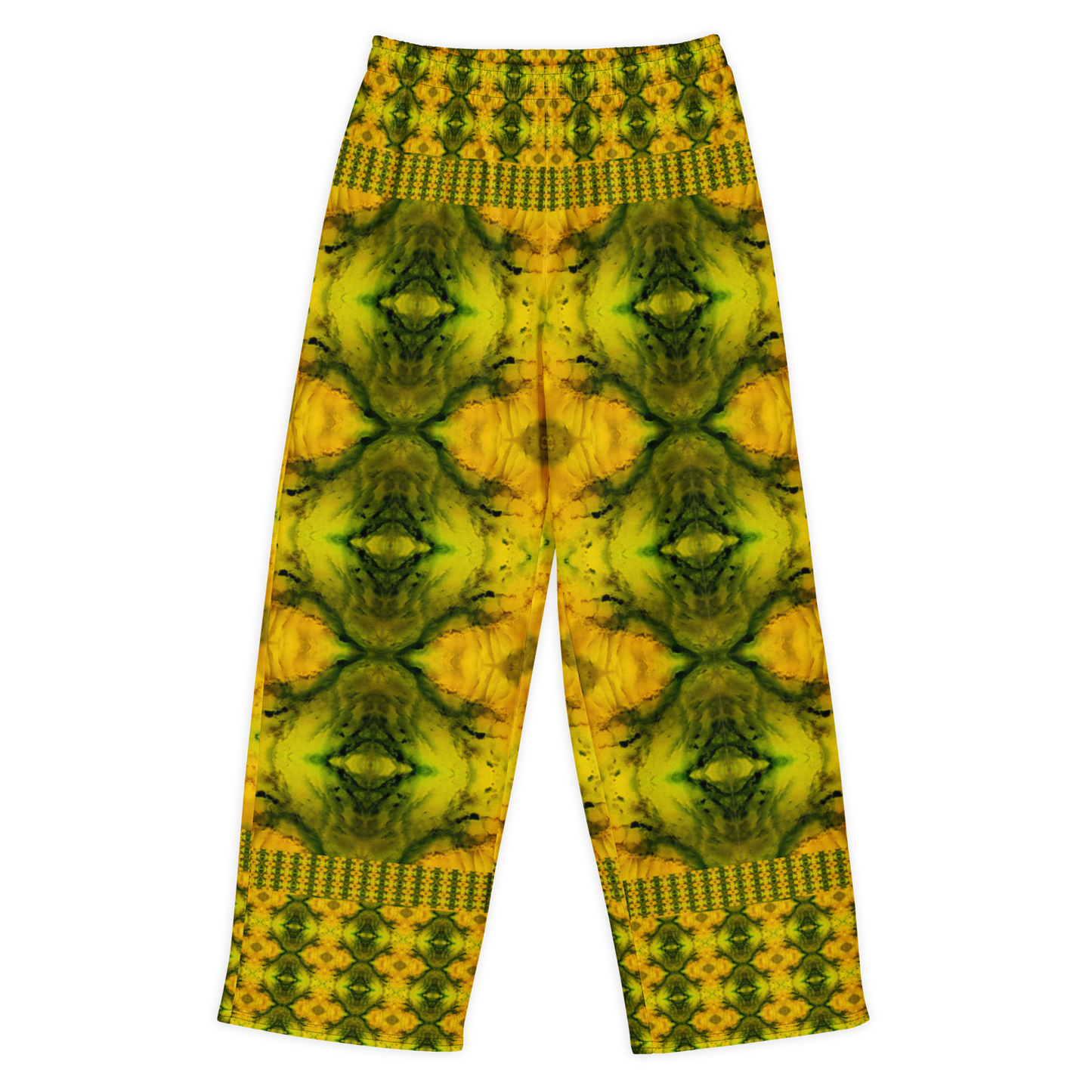 Front view of Purely Jade Light cotton wide leg trousers with elastic waistband and gold-green jade print with large mirrored diamond medallions by River Jade Smithy.