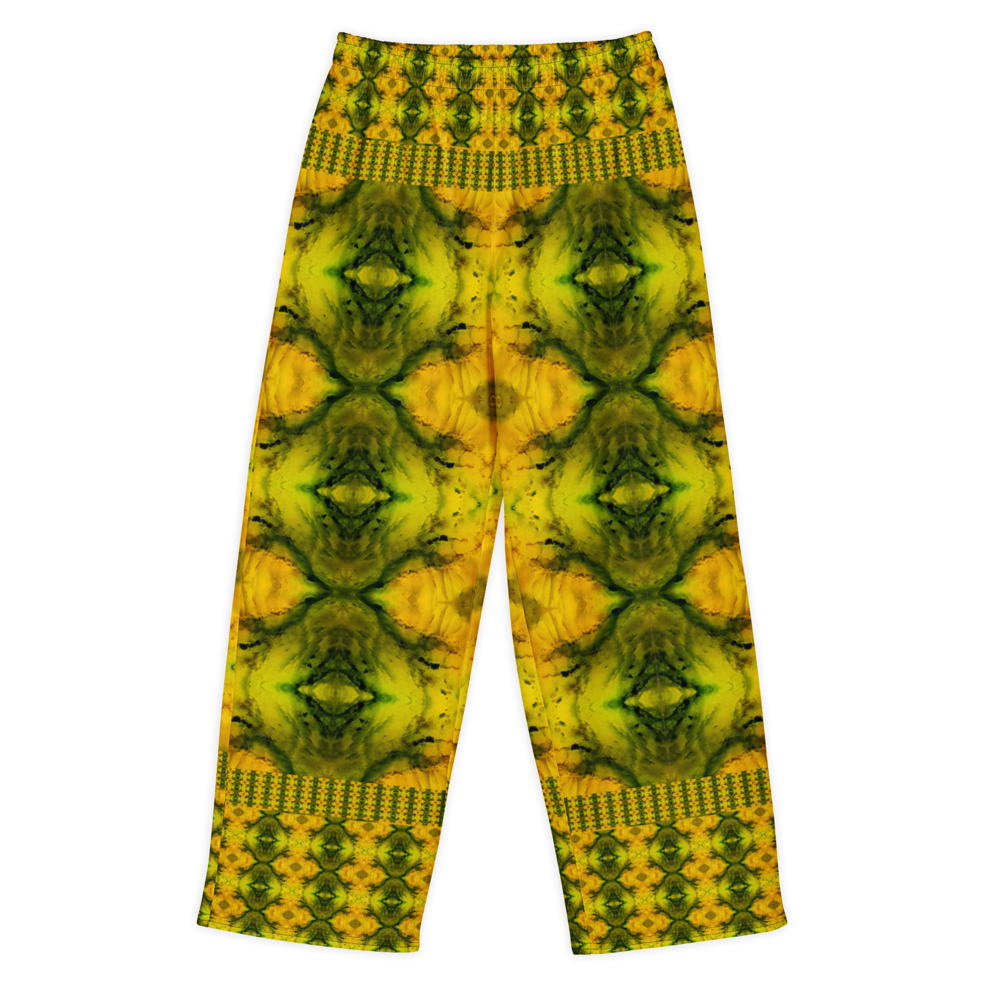 Front view of Purely Jade Light cotton wide leg trousers with elastic waistband and gold-green jade print with large mirrored diamond medallions by River Jade Smithy.
