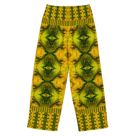 Front view of Purely Jade Light cotton wide leg trousers with elastic waistband and gold-green jade print with large mirrored diamond medallions by River Jade Smithy.