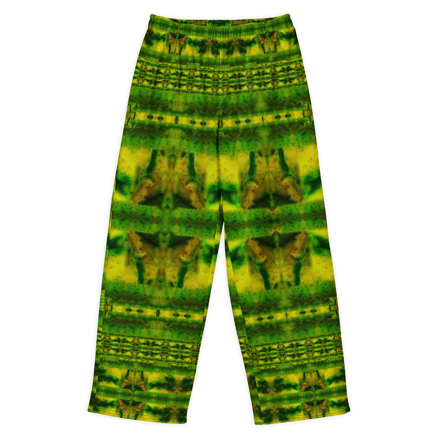 Front view of Purely Jade Light cotton wide leg trousers with elastic waistband and green jade print with horizontal moss bands and gold mineral patches by River Jade Smithy.