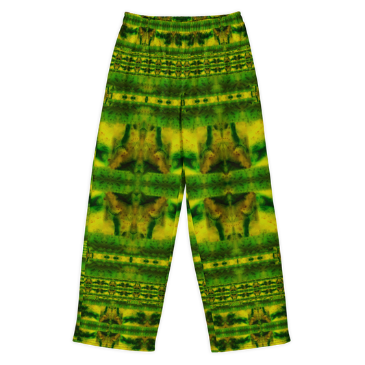 Front view of Purely Jade Light cotton wide leg trousers with elastic waistband and green jade print with horizontal moss bands and gold mineral patches by River Jade Smithy.