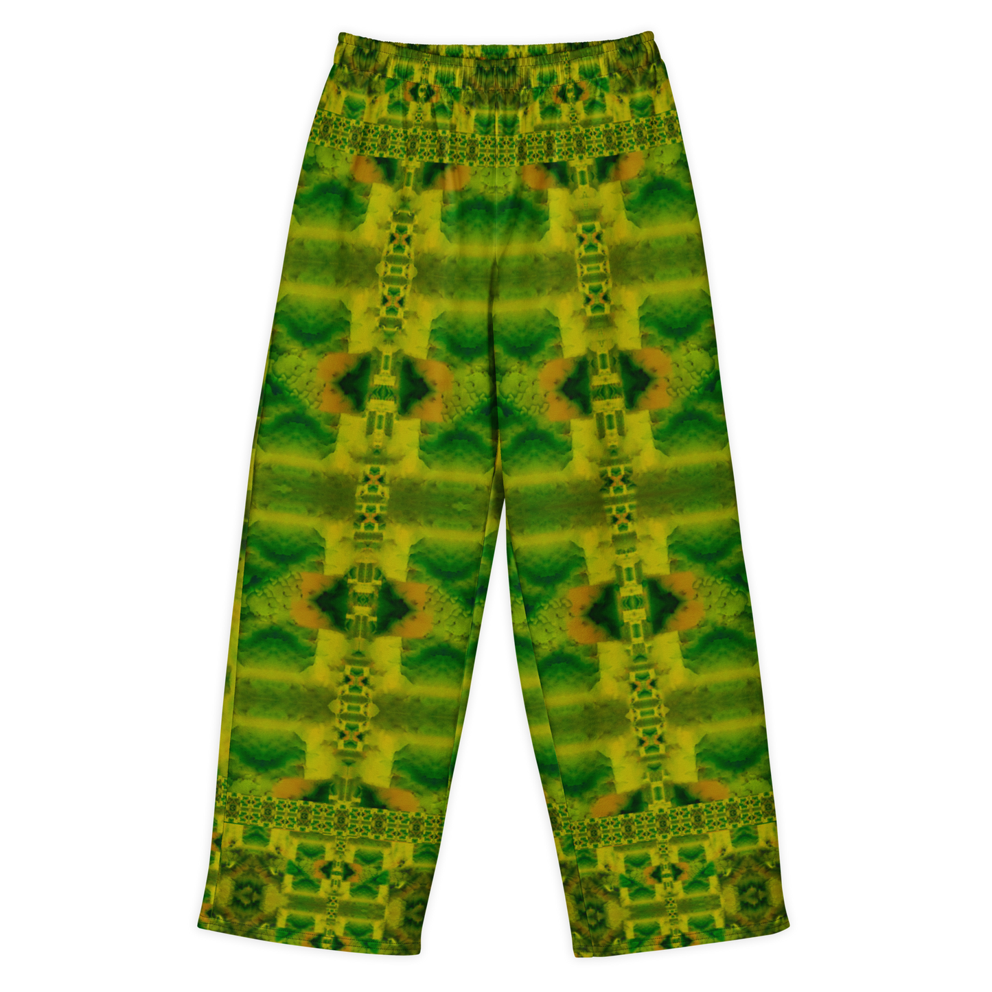 Front view of Purely Jade Light cotton wide leg trousers with elastic waistband and soft green-gold jade print with ladder-like vertical chamber details by River Jade Smithy.