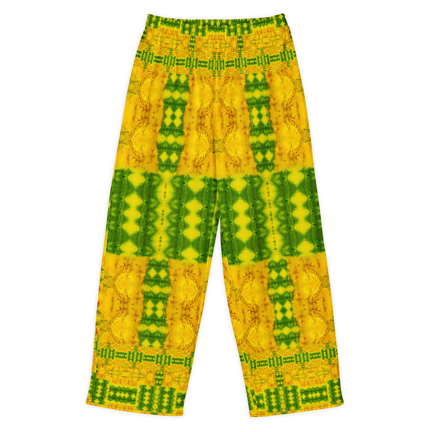 Front view of Purely Jade Light cotton wide leg trousers with elastic waistband and gold jade print with bold green central panel bands by River Jade Smithy.