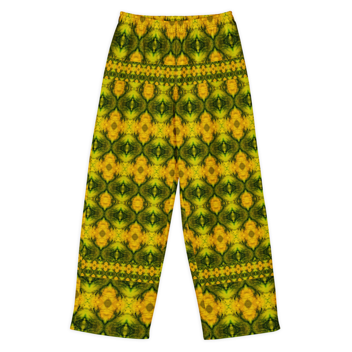 Front view of Purely Jade Light cotton wide leg trousers with elastic waistband and gold-forward jade print with strong green center panels by River Jade Smithy.