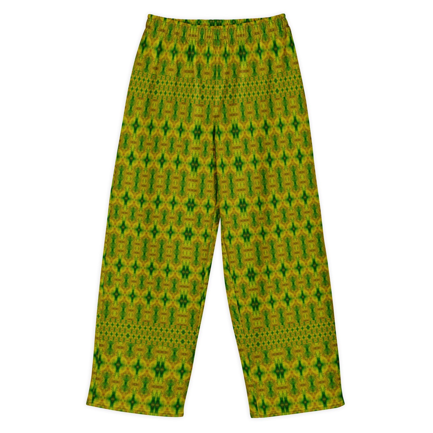 Front view of Purely Jade Light cotton wide leg trousers with elastic waistband and soft green-and-gold jade print with large mirrored chamber shapes by River Jade Smithy.
