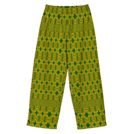 Front view of Purely Jade Light cotton wide leg trousers with elastic waistband and soft green-and-gold jade print with large mirrored chamber shapes by River Jade Smithy.