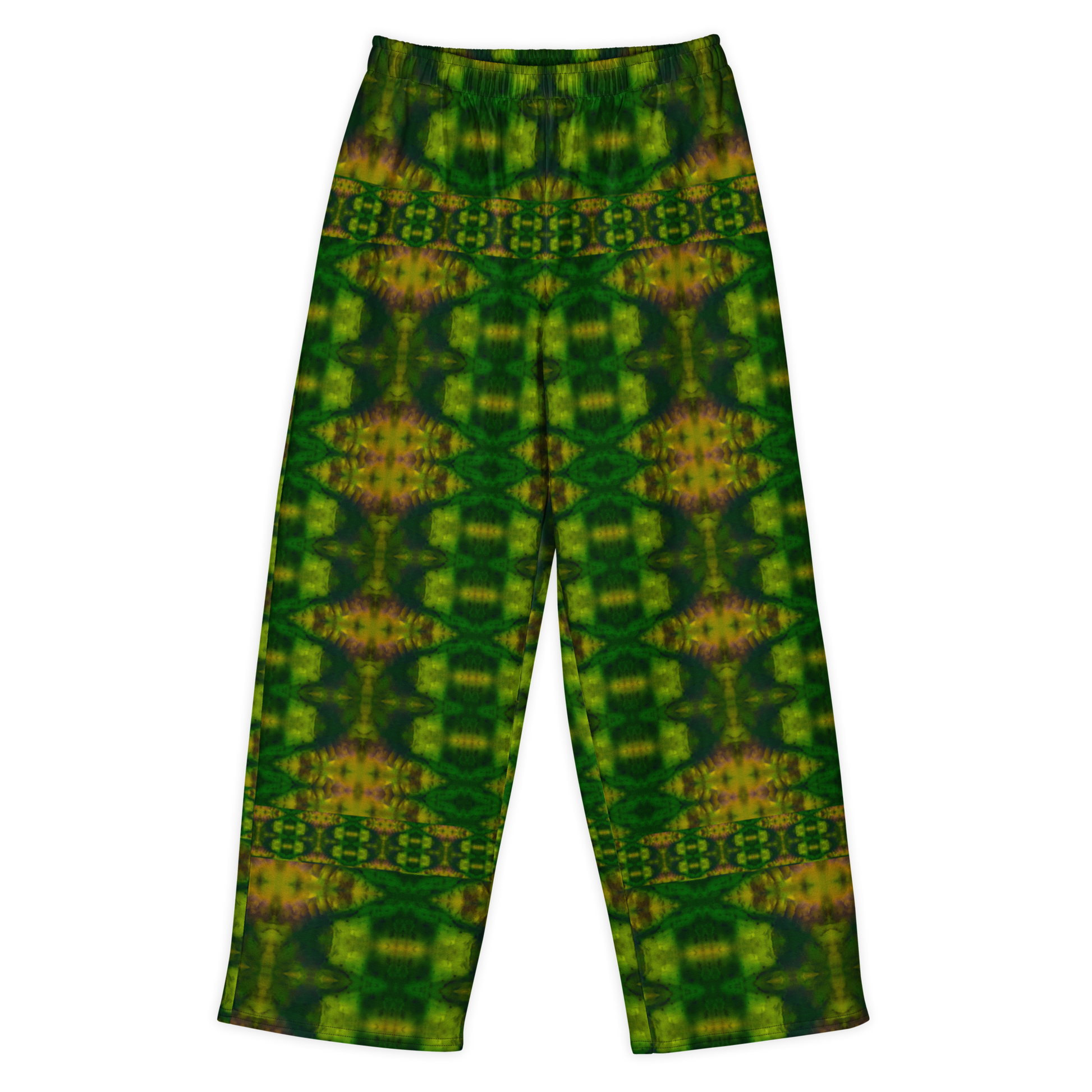 Front view of Purely Jade Light cotton wide leg trousers with elastic waistband and green-and-gold mirrored jade print with vertical panel-like structure by River Jade Smithy.