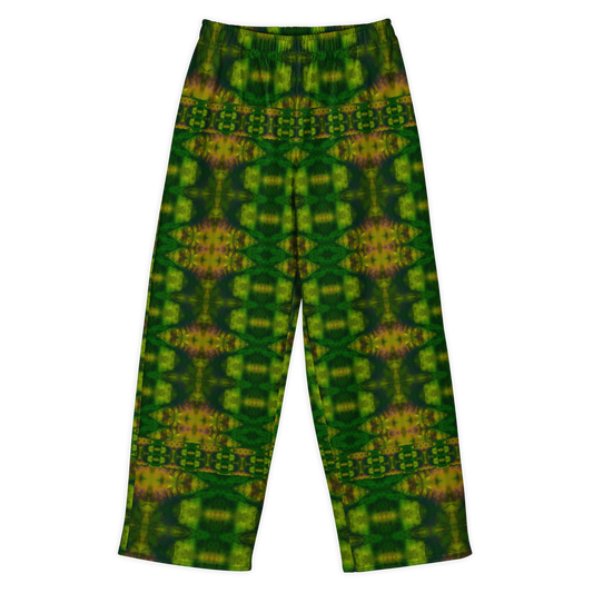 Front view of Purely Jade Light cotton wide leg trousers with elastic waistband and green-and-gold mirrored jade print with vertical panel-like structure by River Jade Smithy.