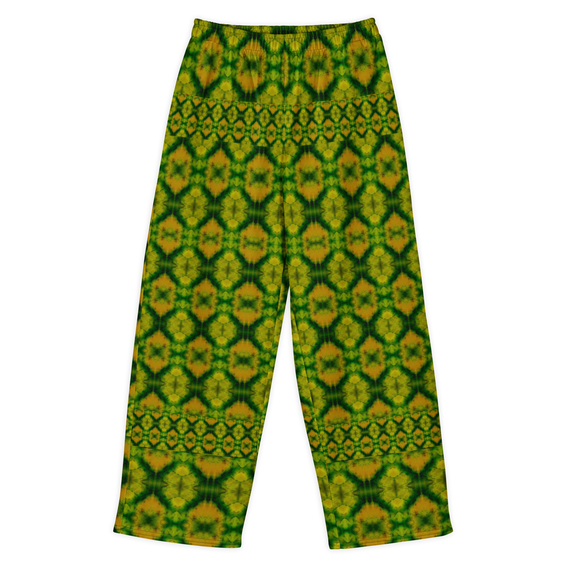 Front view of Purely Jade Light cotton wide leg trousers with elastic waistband and yellow-green jade print with leaf-like diamond lattice by River Jade Smithy.