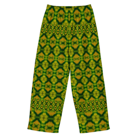 Front view of Purely Jade Light cotton wide leg trousers with elastic waistband and yellow-green jade print with leaf-like diamond lattice by River Jade Smithy.