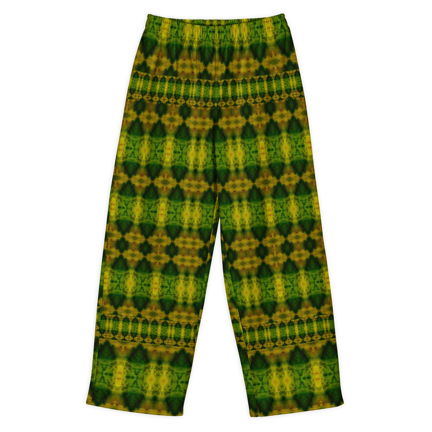 Front view of Purely Jade Light cotton wide leg trousers with elastic waistband and dark green jade print with gold medallions and narrow border bands by River Jade Smithy.