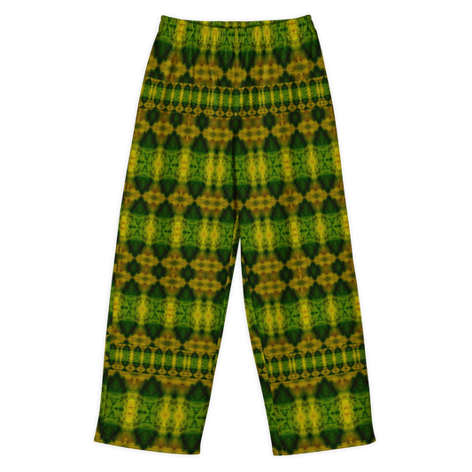 Front view of Purely Jade Light cotton wide leg trousers with elastic waistband and dark green jade print with gold medallions and narrow border bands by River Jade Smithy.