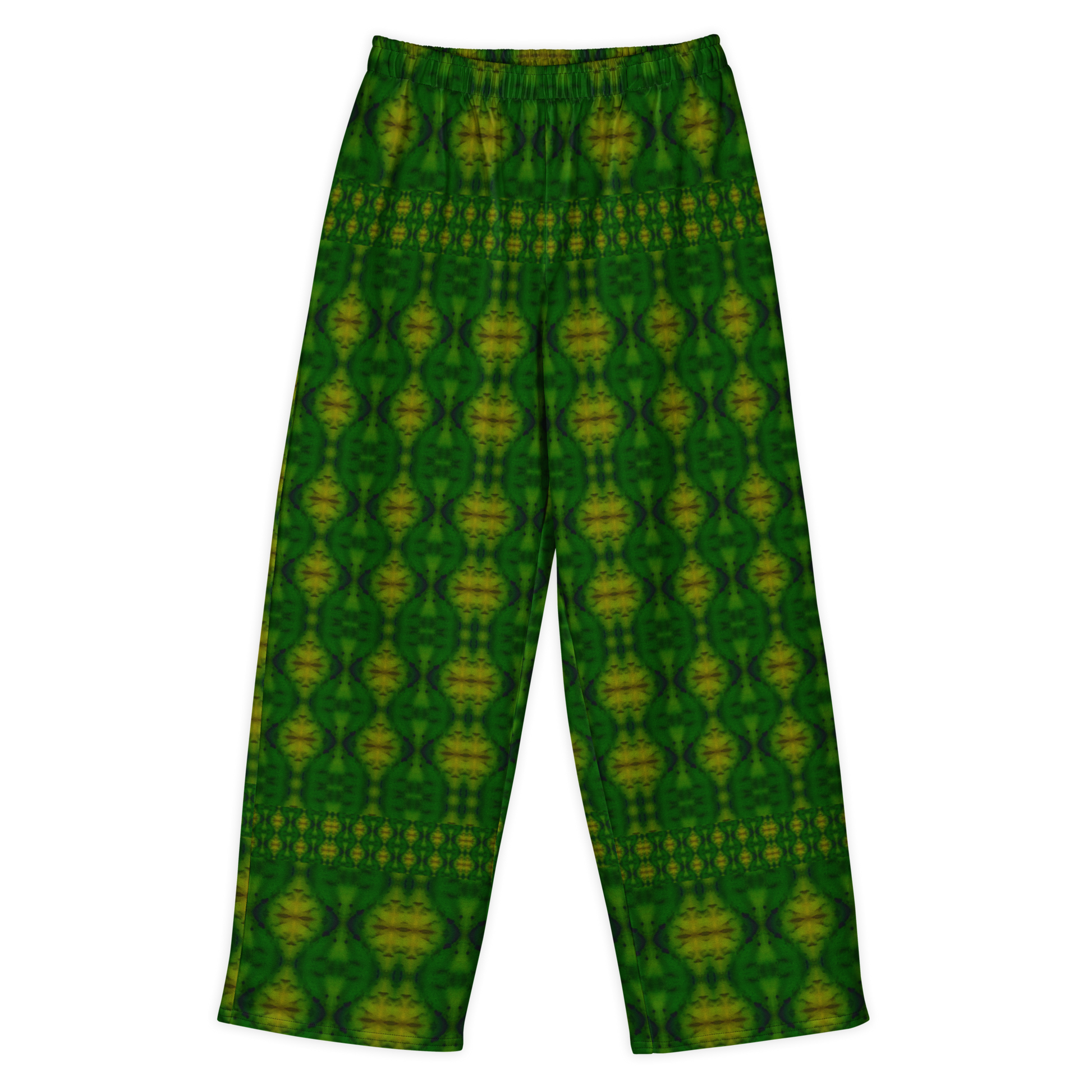 Front view of Purely Jade Light cotton wide leg trousers with elastic waistband and deep green jade print with gold chambered vertical medallions by River Jade Smithy.