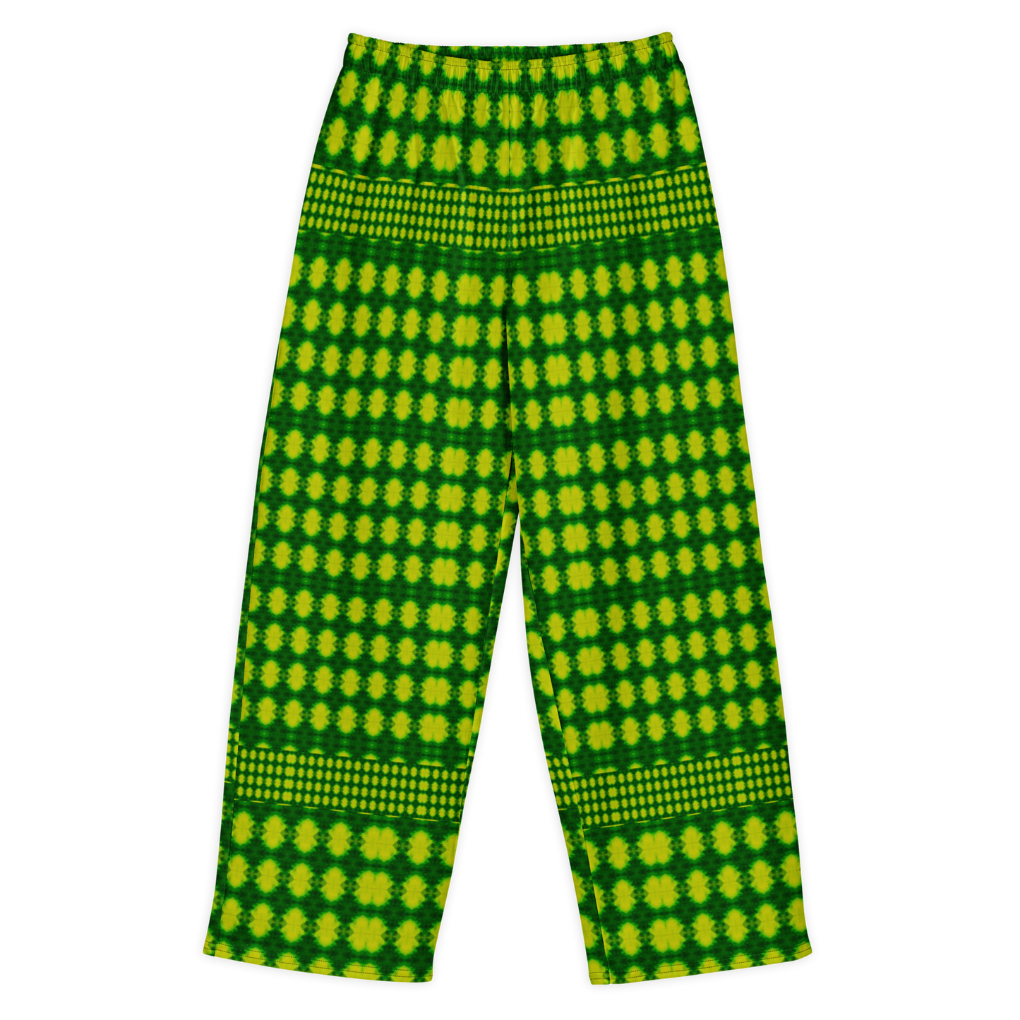 Front view of Purely Jade Light cotton wide leg trousers with elastic waistband and bright lime-green jade print with dotted yellow medallion grid by River Jade Smithy.