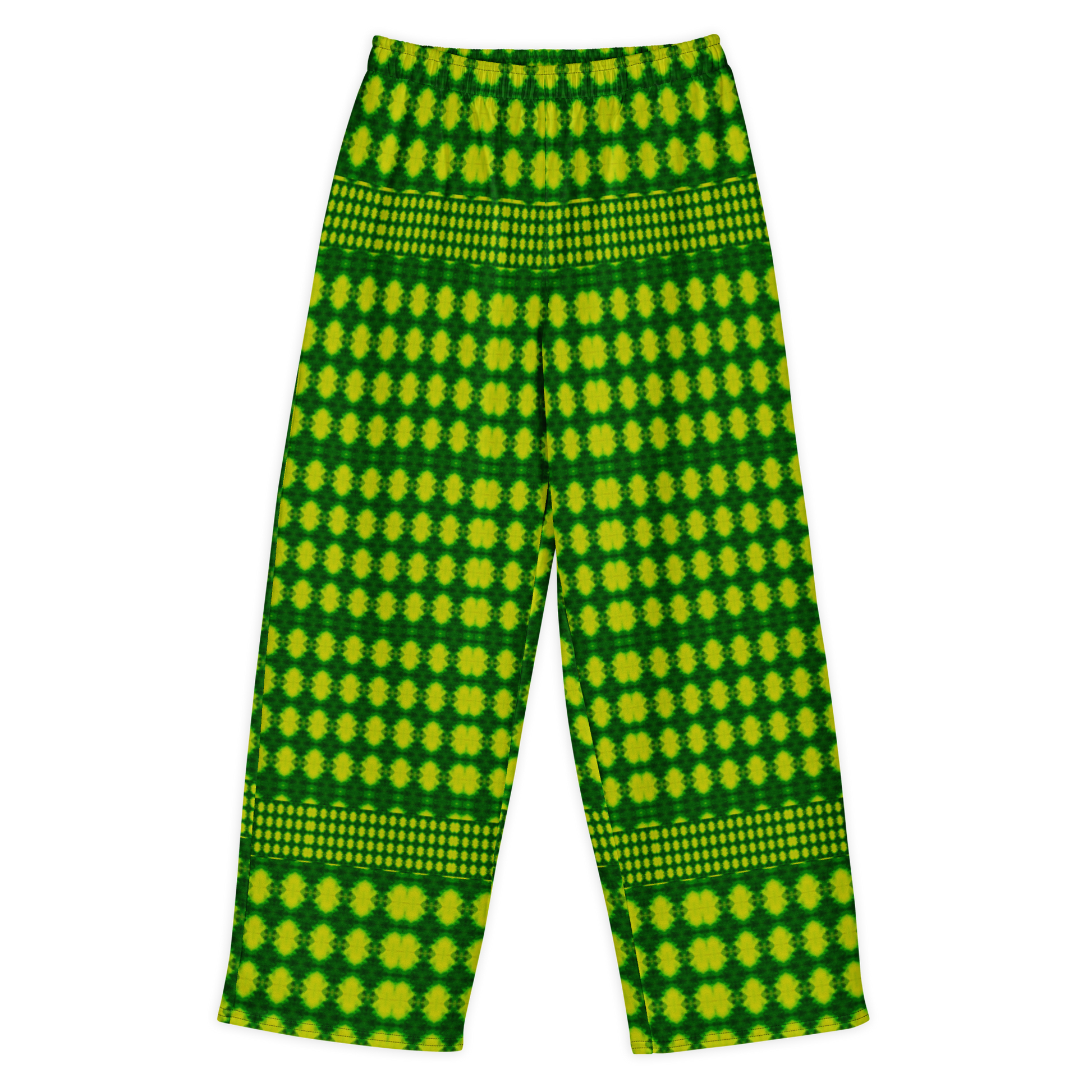 Front view of Purely Jade Light cotton wide leg trousers with elastic waistband and bright lime-green jade print with dotted yellow medallion grid by River Jade Smithy.