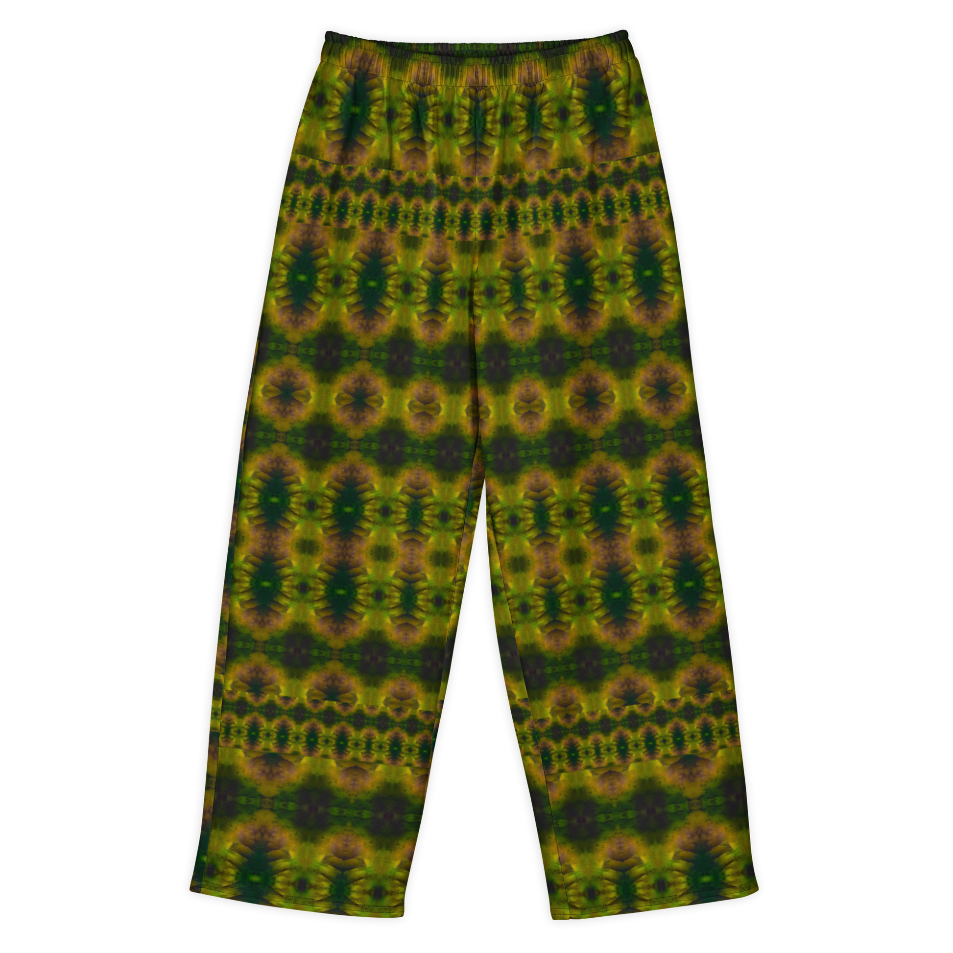 Front view of Purely Jade Light cotton wide leg trousers with elastic waistband and deep green and gold jade print with plum-shadow medallion rows by River Jade Smithy.