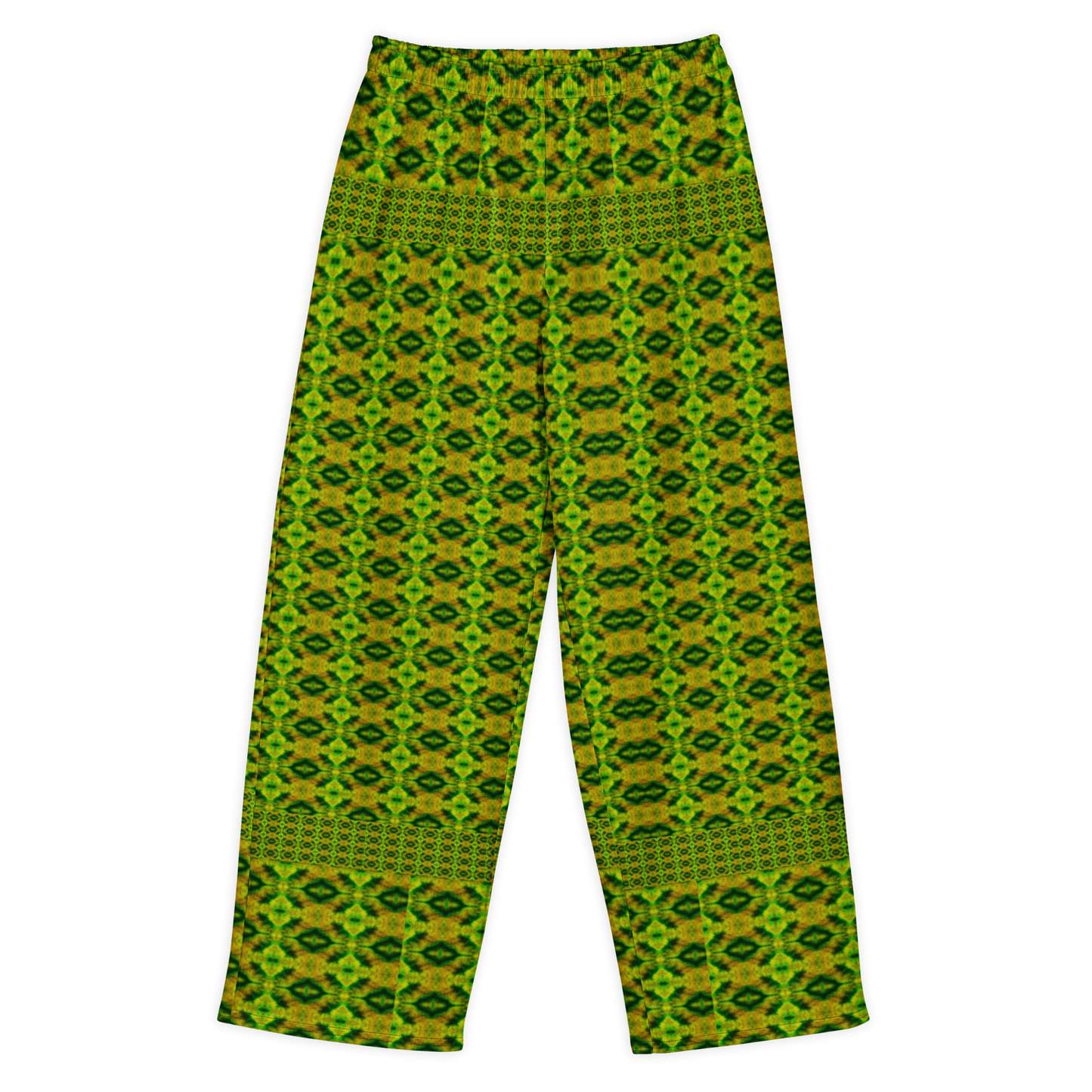 Front view of Purely Jade Light cotton wide leg trousers with elastic waistband and green-and-gold small diamond lattice jade print by River Jade Smithy.