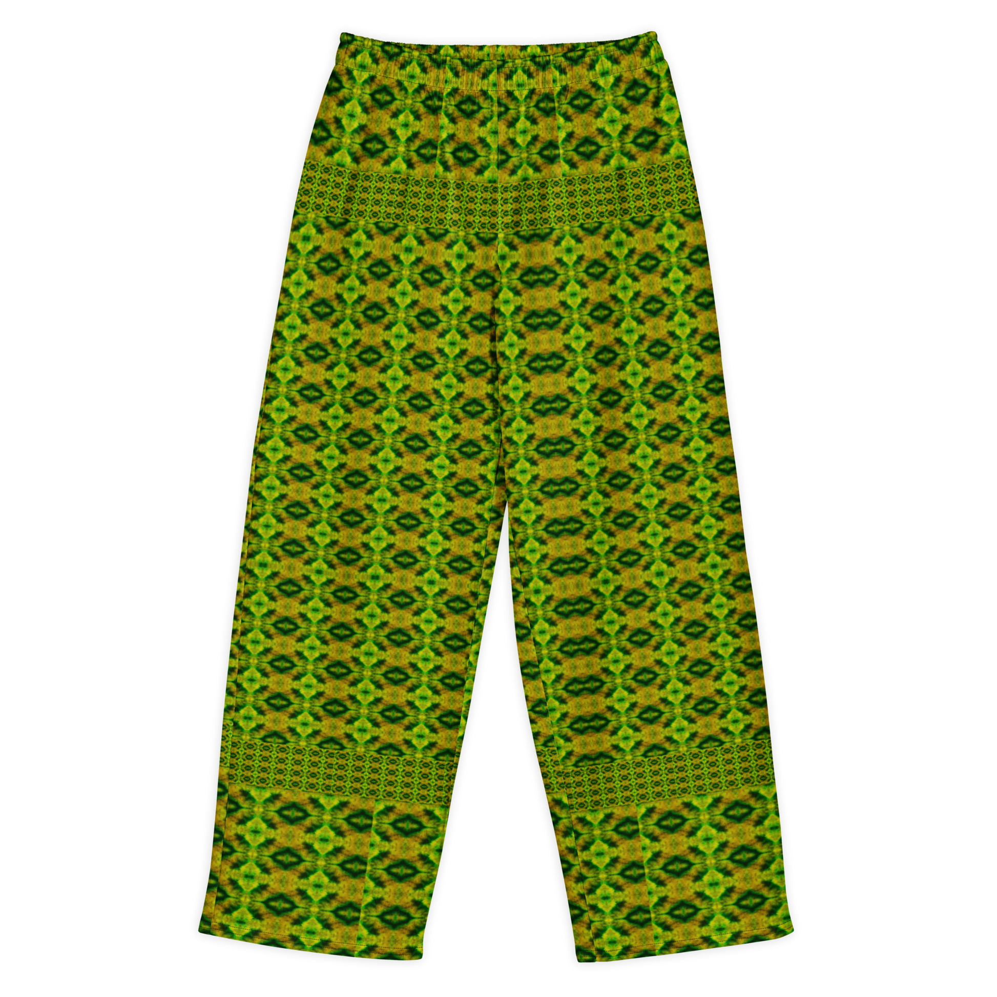 Front view of Purely Jade Light cotton wide leg trousers with elastic waistband and green-and-gold small diamond lattice jade print by River Jade Smithy.