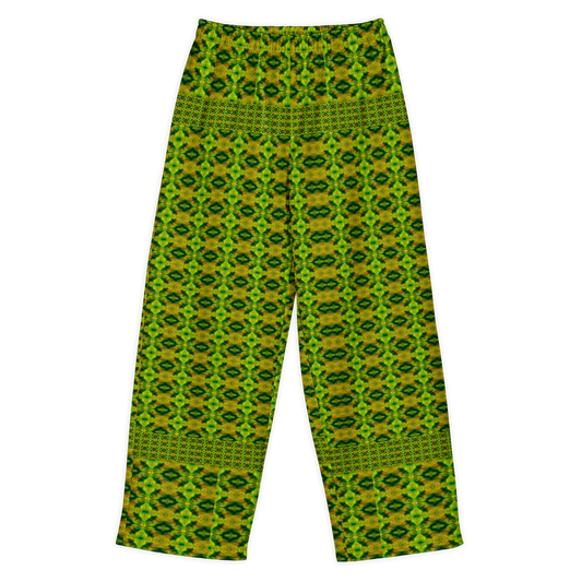 Front view of Purely Jade Light cotton wide leg trousers with elastic waistband and green-and-gold small diamond lattice jade print by River Jade Smithy.
