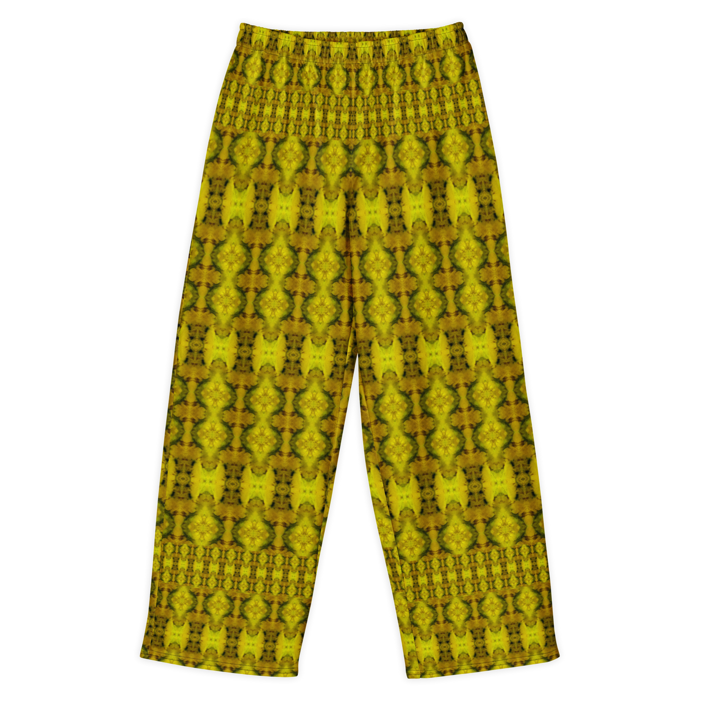Front view of Purely Jade Light cotton wide leg trousers with elastic waistband and gold-forward jade print with dense mirrored medallion bands by River Jade Smithy.