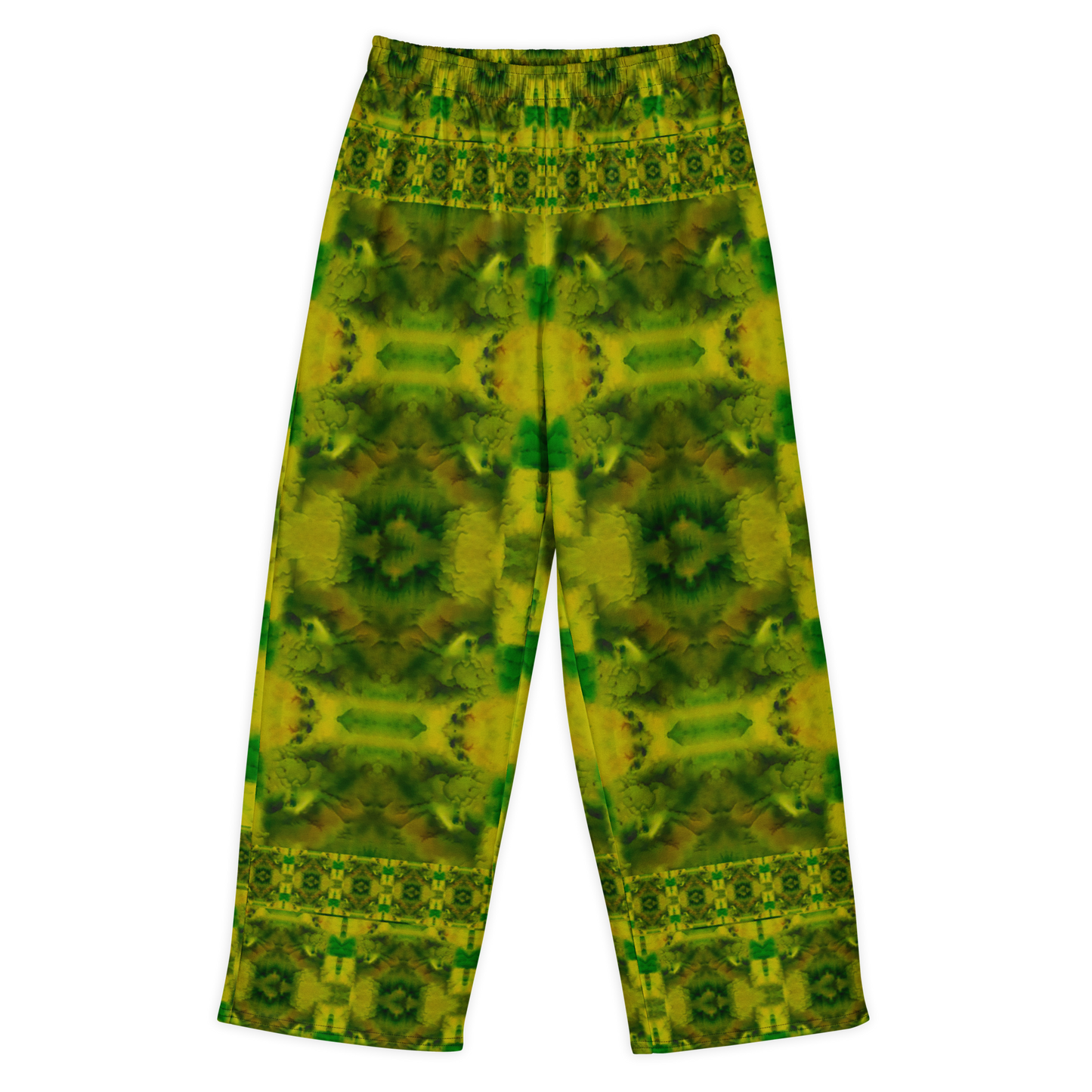Front view of Purely Jade Light cotton wide leg trousers with elastic waistband and green-and-gold mirrored jade field with broad soft medallions by River Jade Smithy.